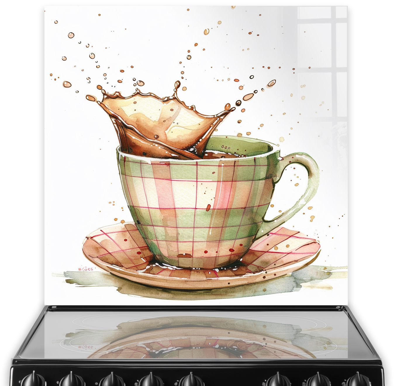 Artistically illustrated coffee splash on checkered cup kitchen splashback in watercolour style.