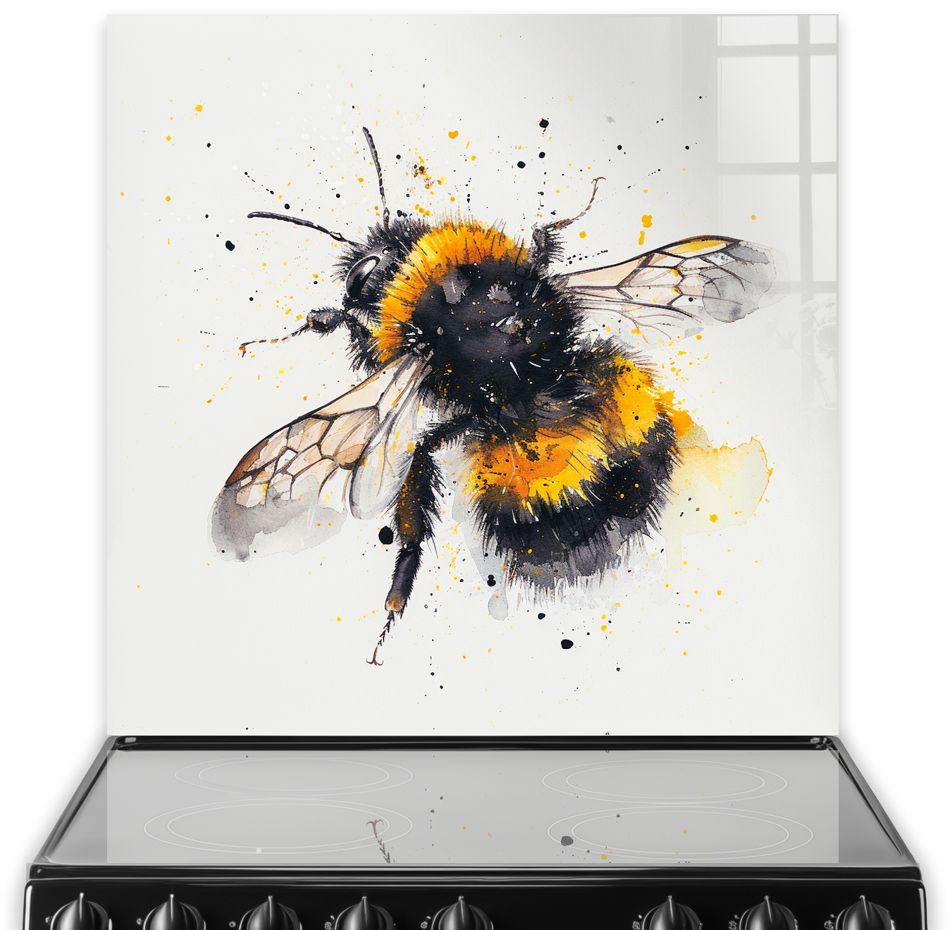 Artistic kitchen splashback with a painted bumblebee against a white background with yellow and black splatter effects