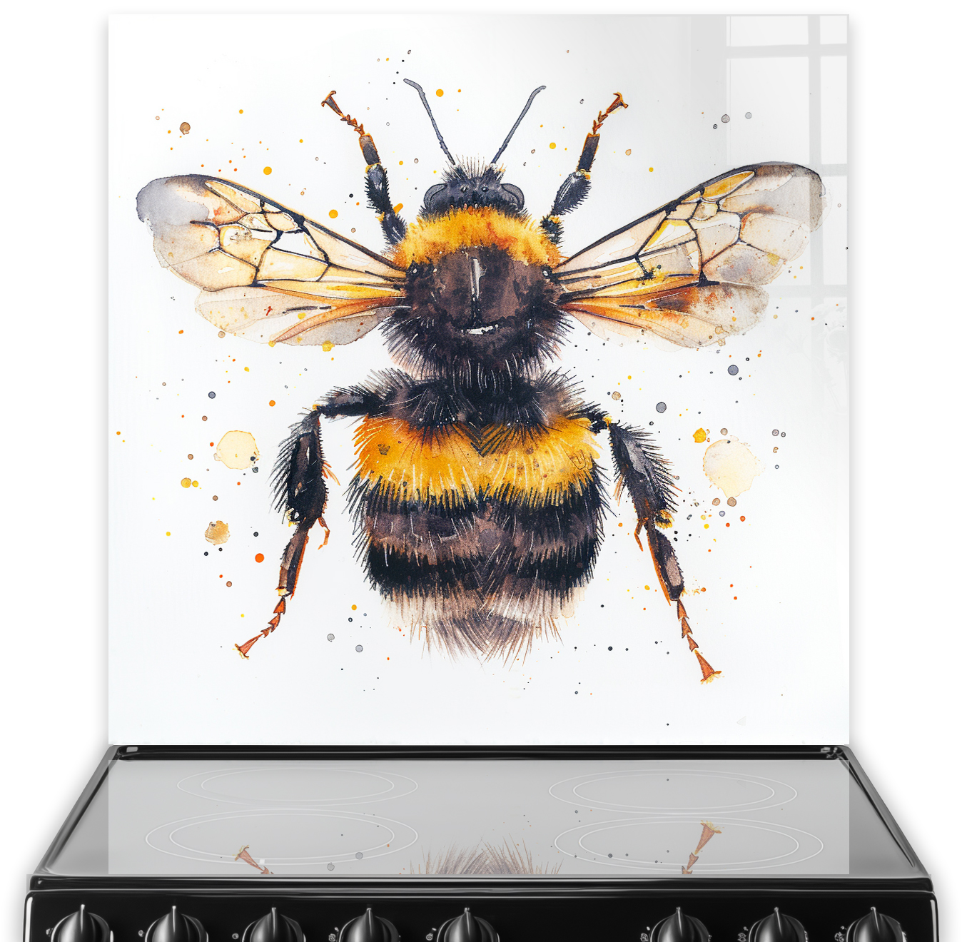 Artistic bumblebee splashback design with vibrant yellow and black colours and splatter accents