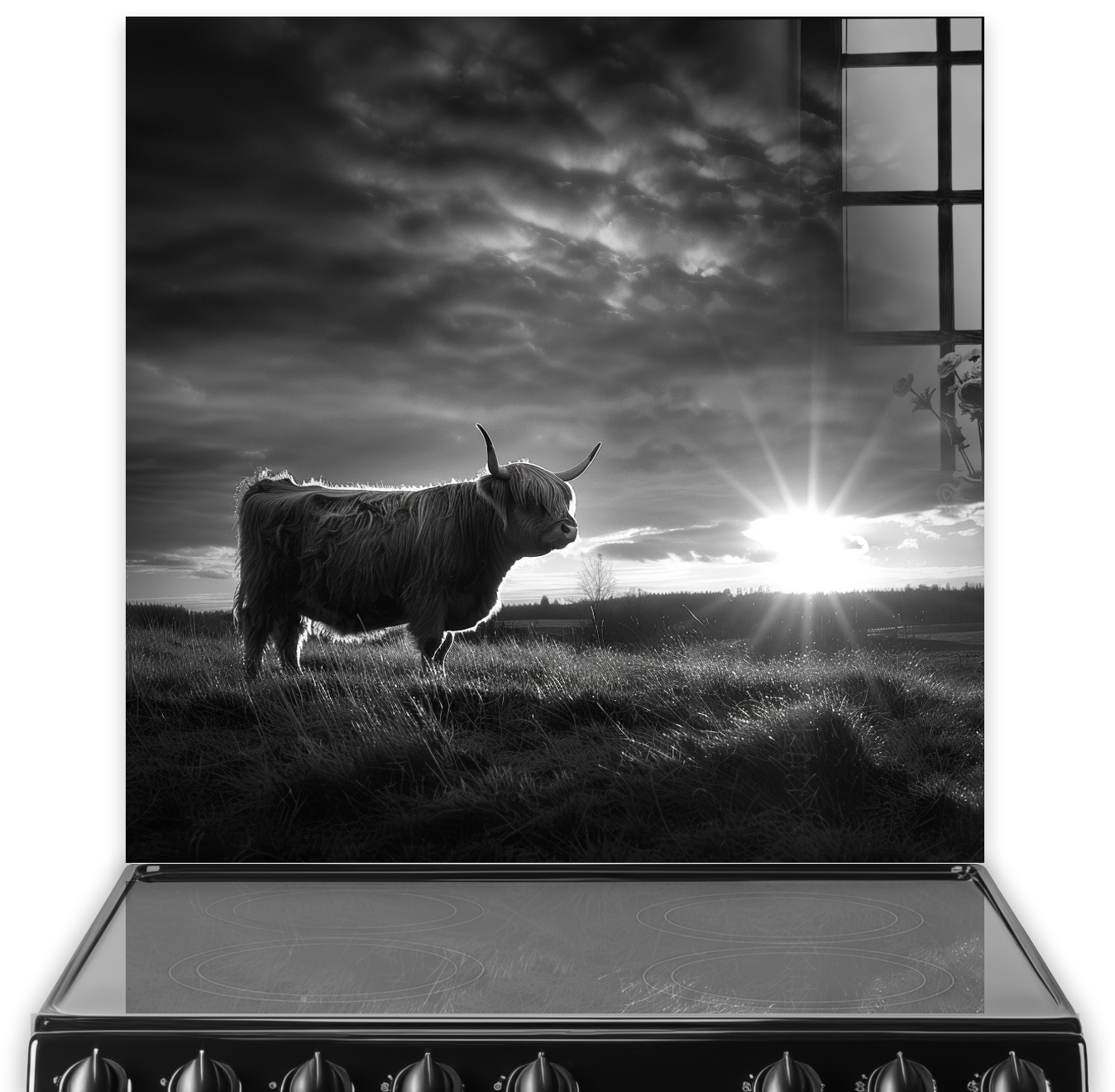 Black and white kitchen splashback art featuring a Highland cow at sunset
