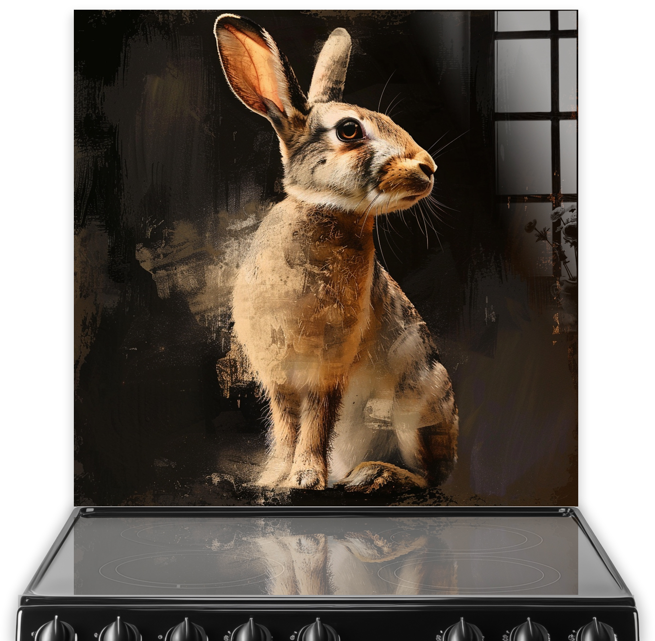 Elegant hare kitchen splashback art with dark abstract background