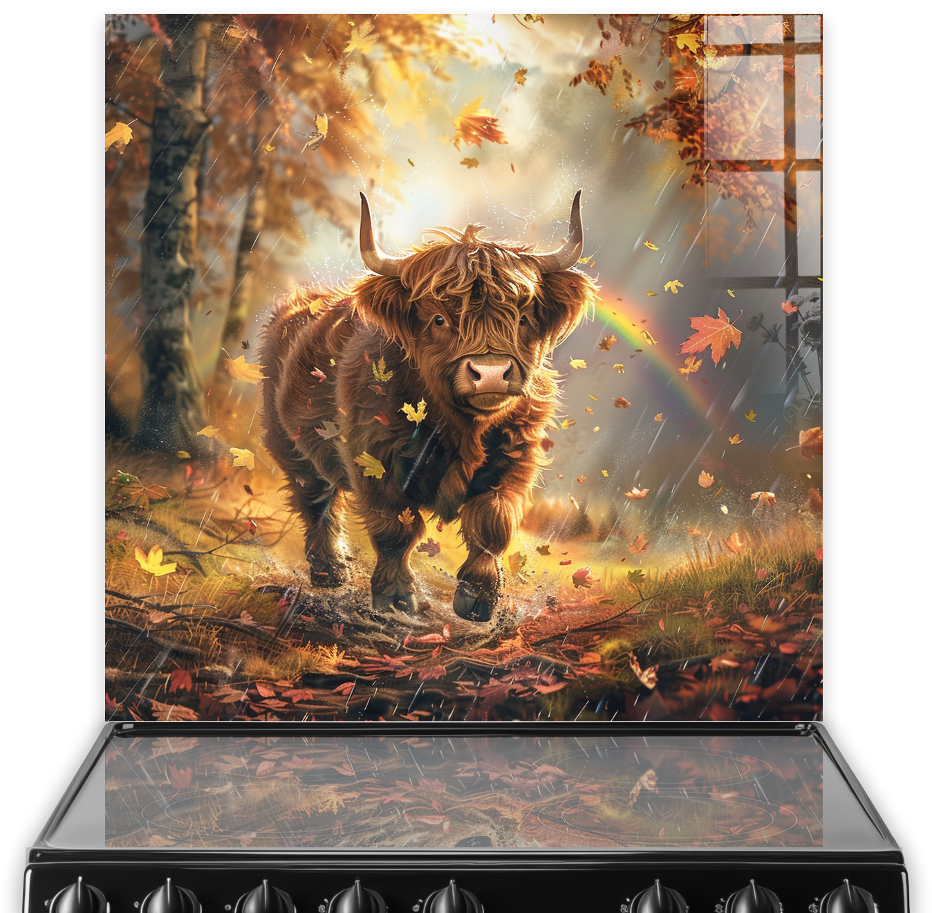 Highland cow on autumnal forest printed kitchen splashback