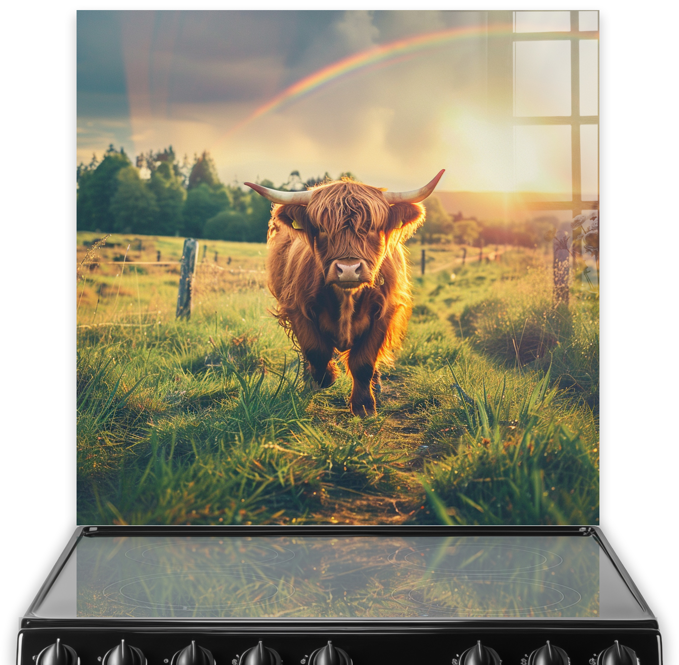 Highland cow in front of a rainbow on a kitchen splashback