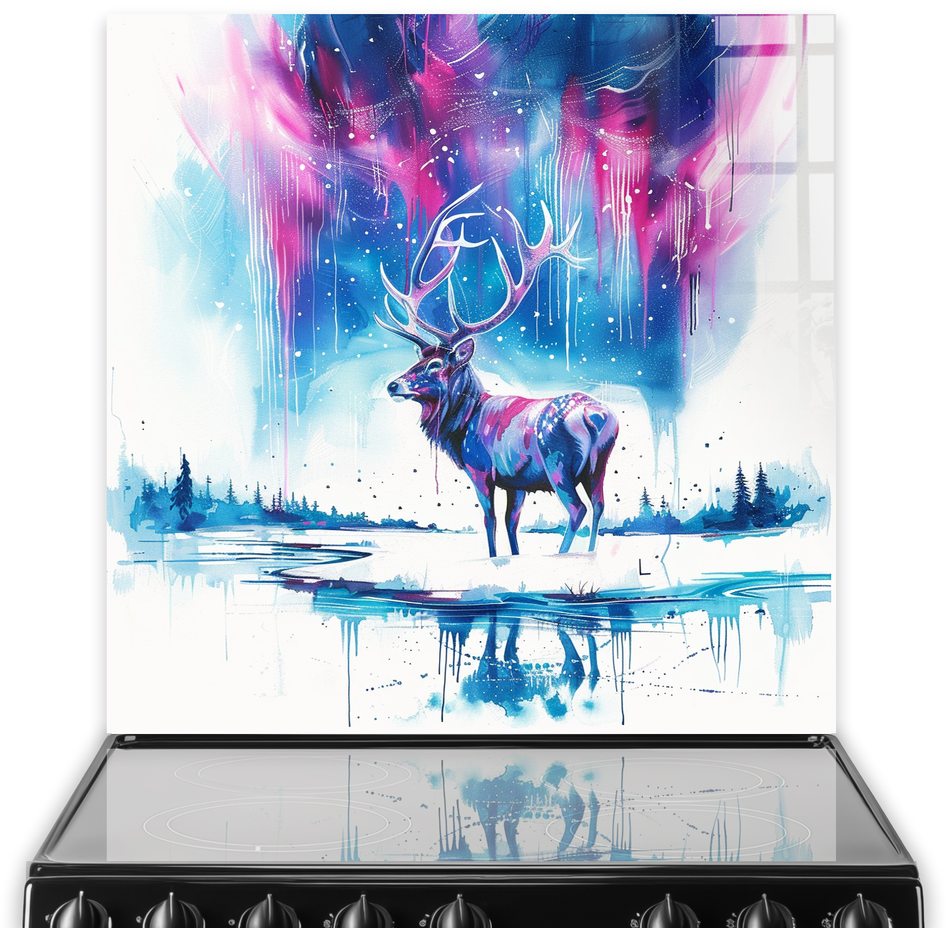 Colourful stag on kitchen splashback with northern lights themed background