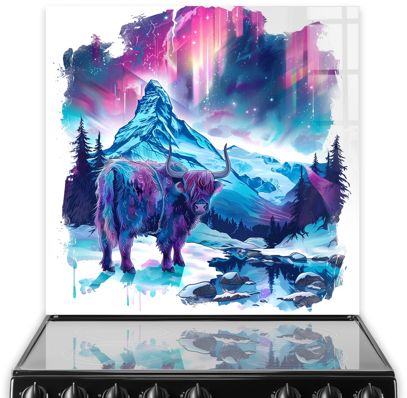 Highland cow in a colourful, mystical mountain landscape kitchen splashback art