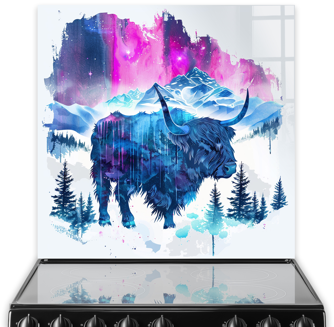 Vibrant Highland Cow Art Splashback in Kitchen Setting