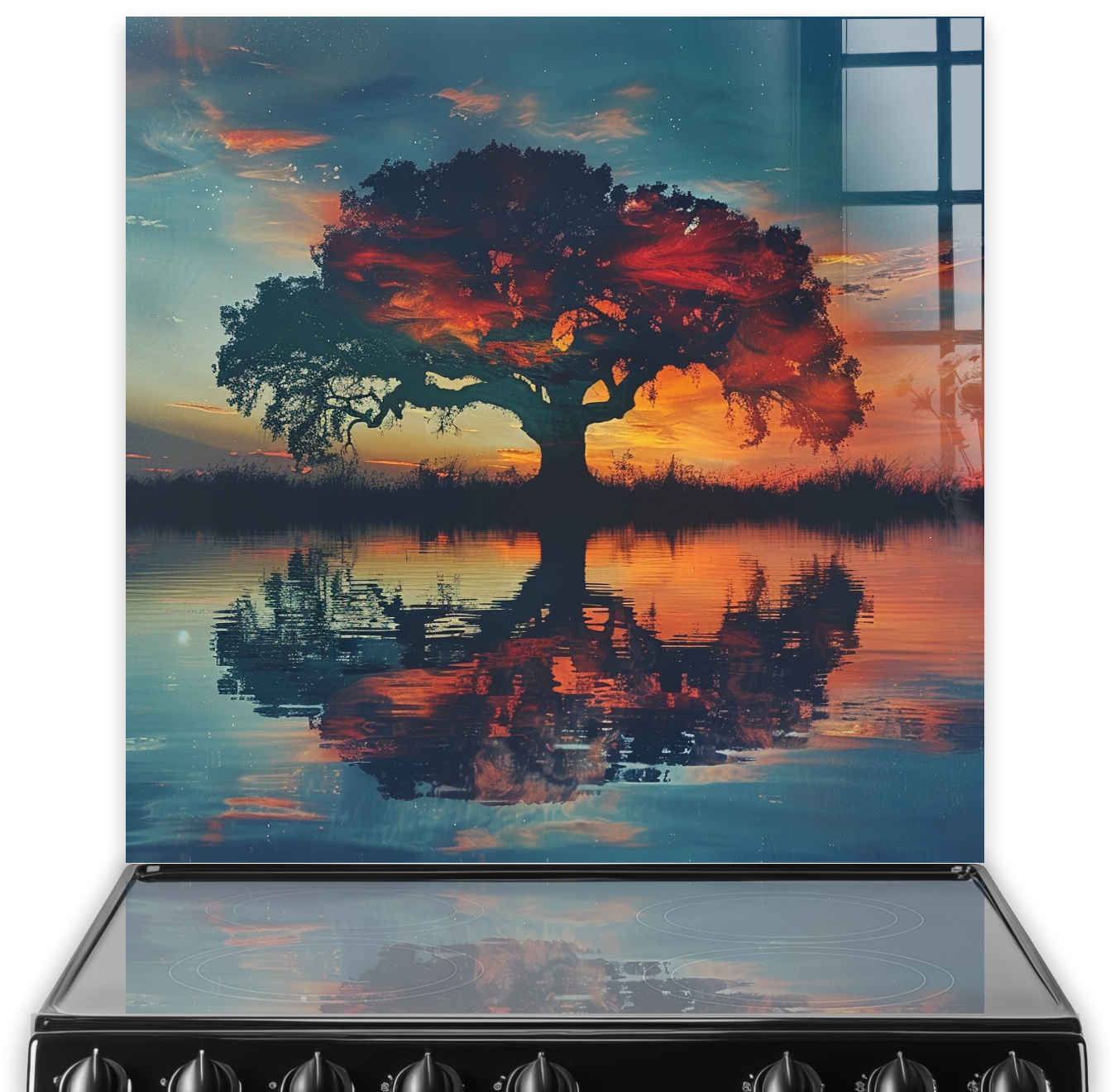 Kitchen splashback art of a tree against a sunset, reflected in water, with a stunning palette of sunset colours