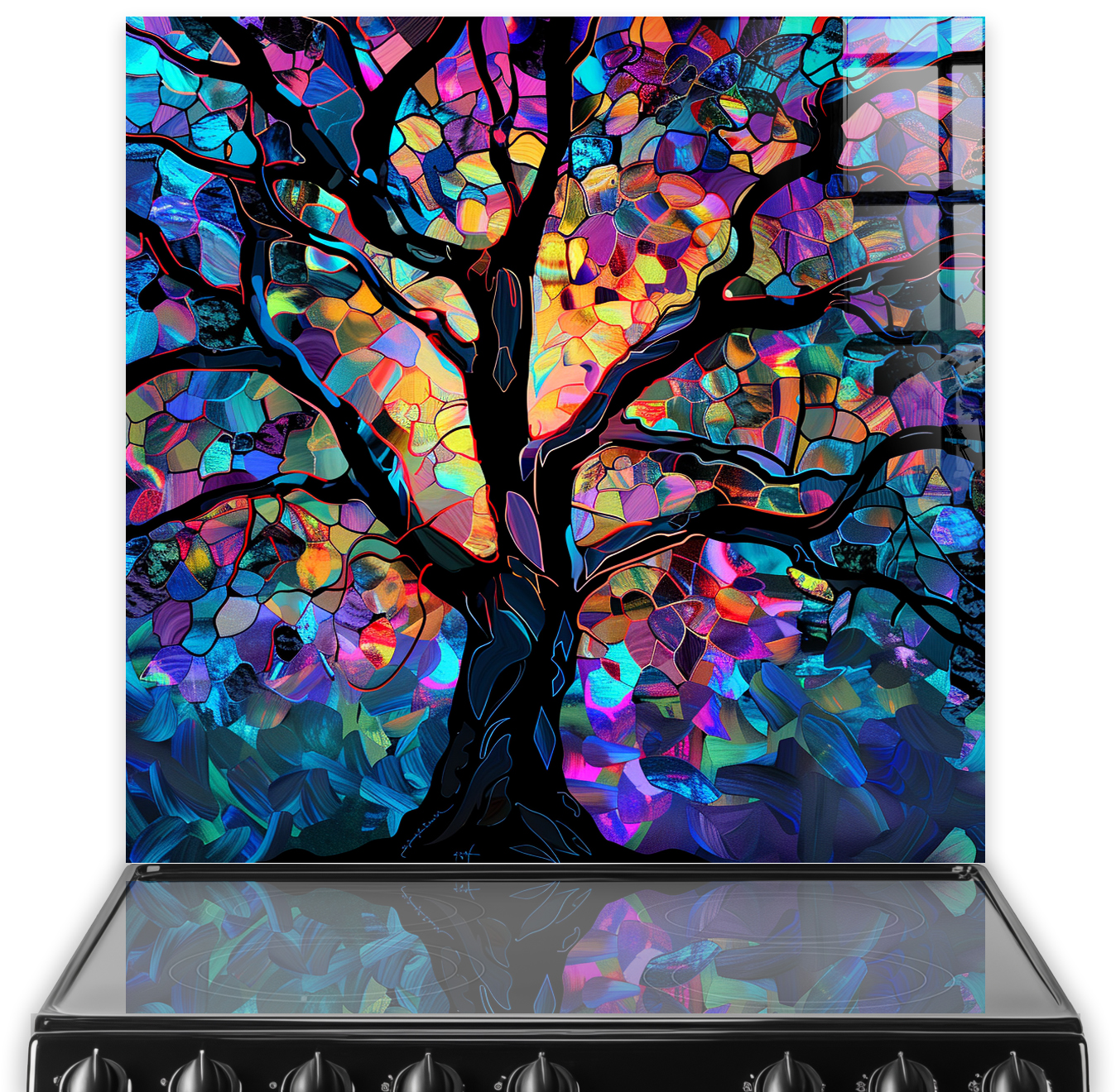 Colourful mosaic tree design on kitchen splashback art above a modern stove