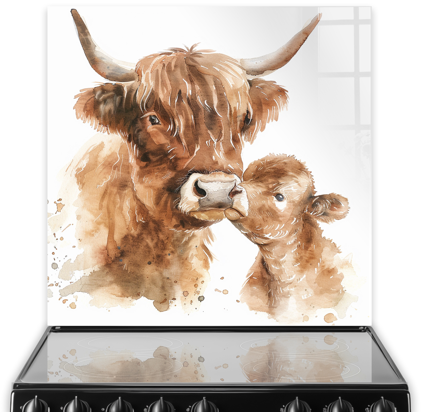 Artistic depiction of a Highland cow and calf on a kitchen splashback in earthy watercolour shades