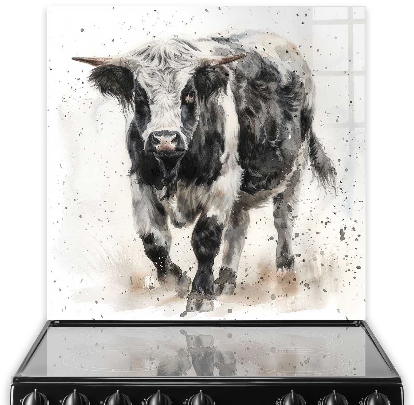 Black and white Belted Galloway cow on a kitchen splashback with artistic splatter details