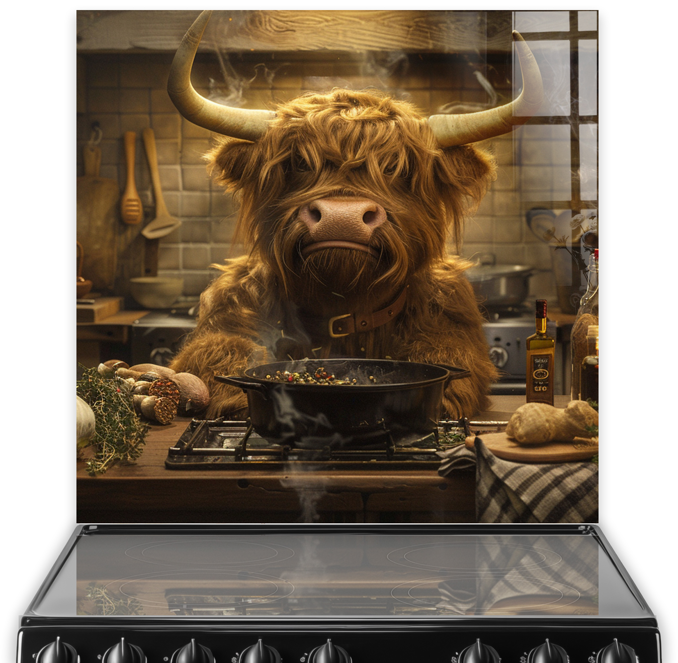 Whimsical highland cow cooking on a stove, featured in a kitchen splashback art with earthy tones and rustic charm.