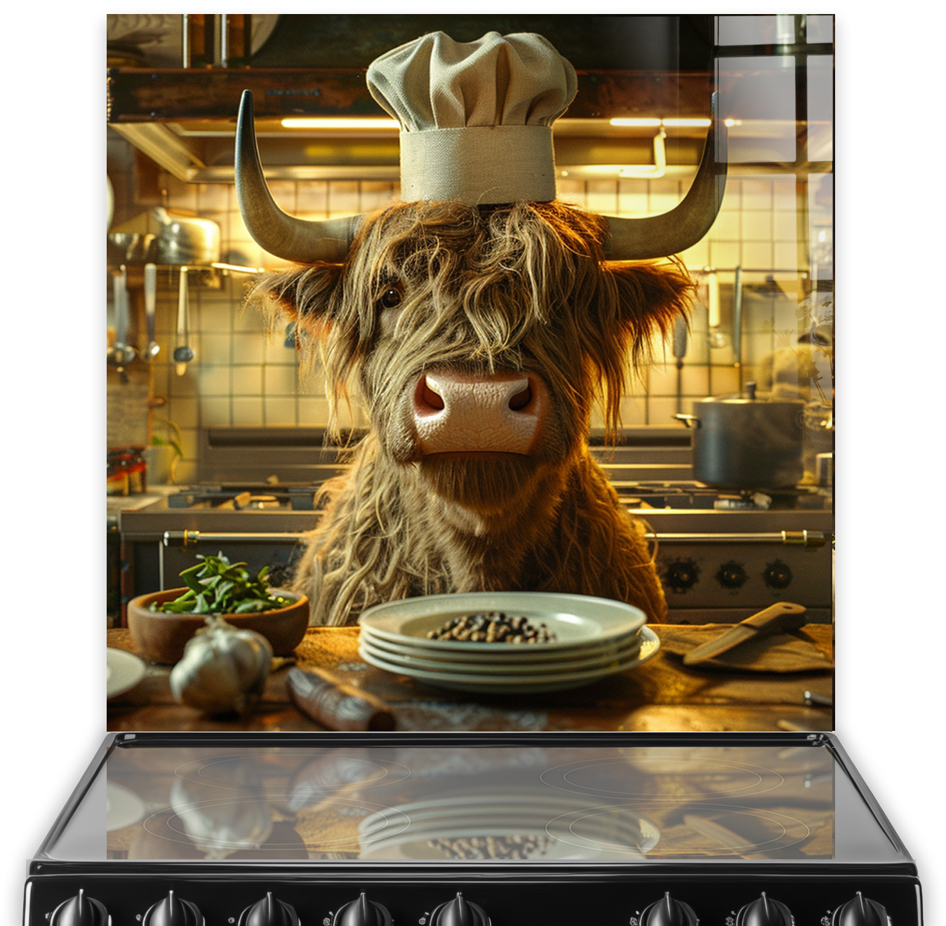 Highland Cow called Cora in chefs hat kitchen splashback art