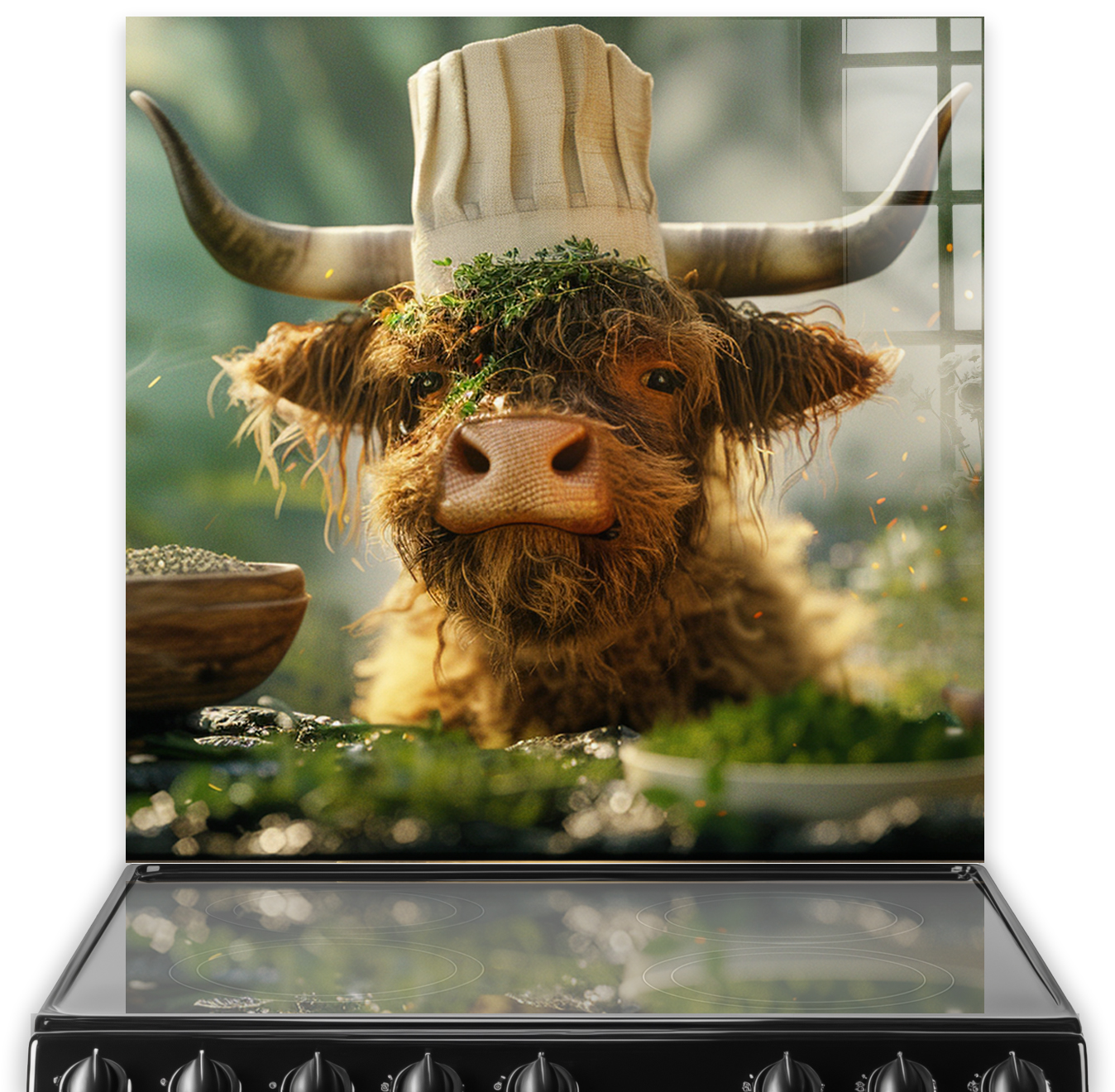 Haphazard Hamish is Highland cow with a chefs hat kitchen splashback