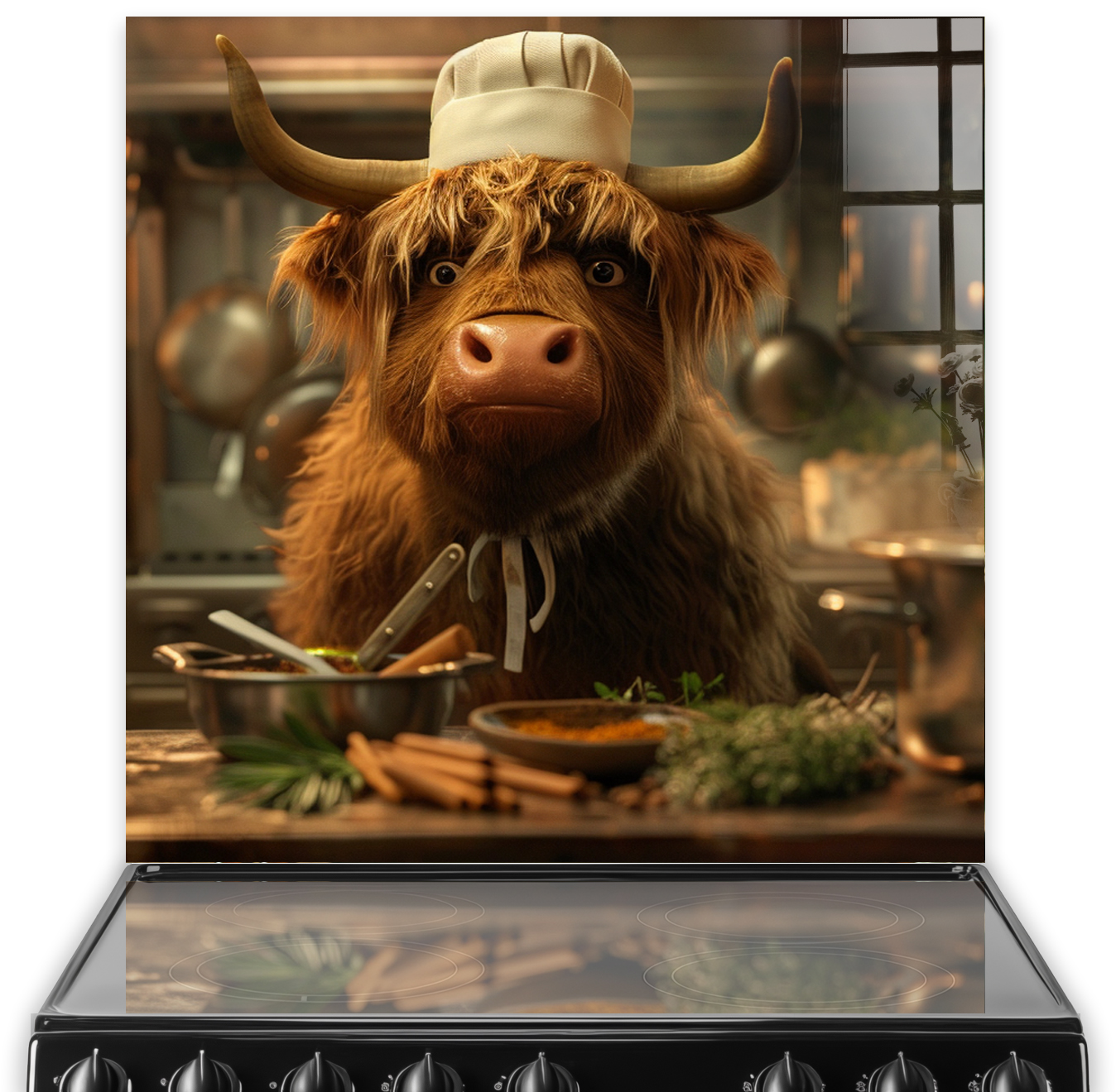 Highland cow wearing a chefs hat in a kitchen scene as a printed splashback, adding character and warmth to kitchen decor.