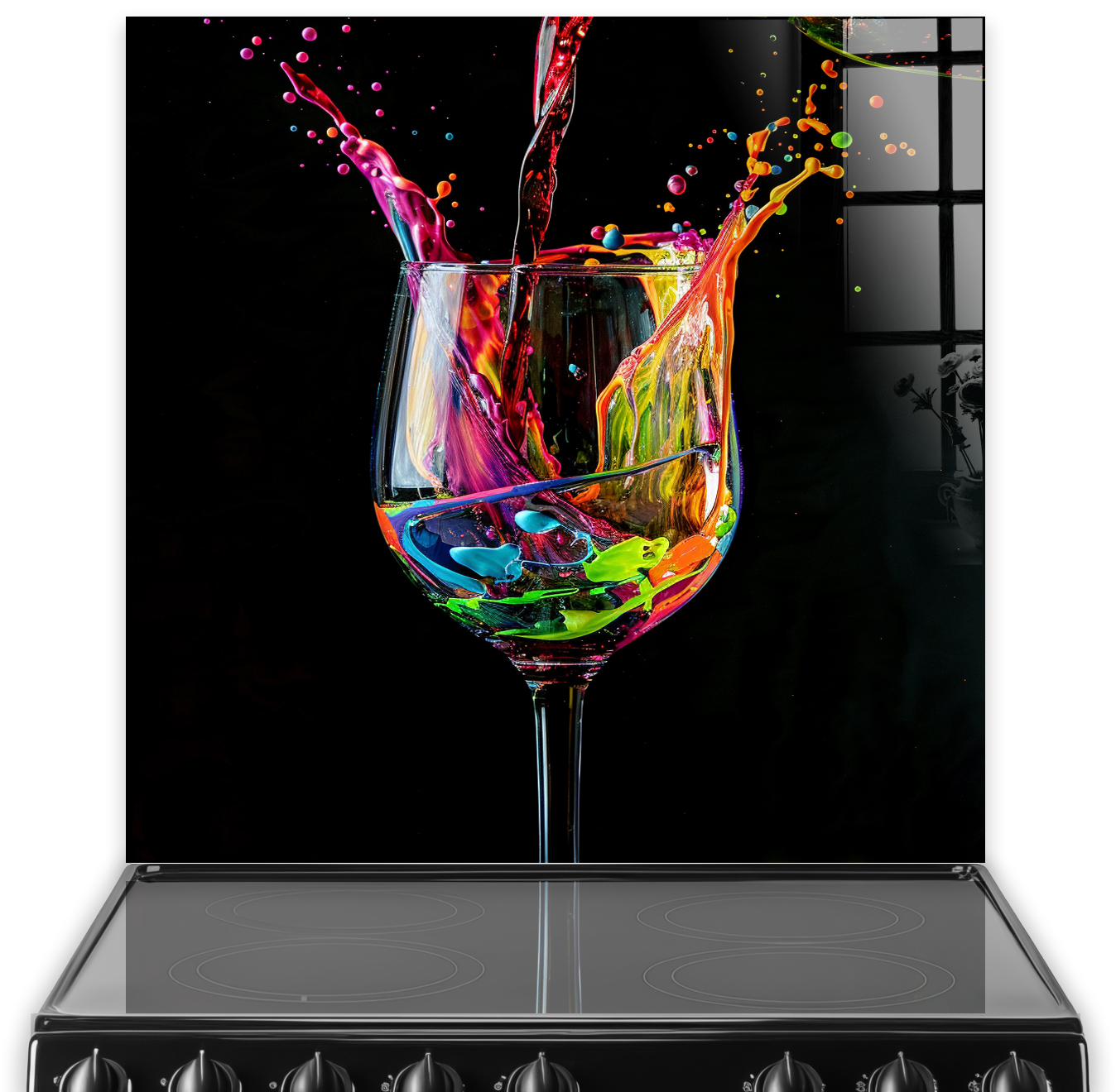 Colourful wine splash kitchen splashback art with vibrant colours against black background