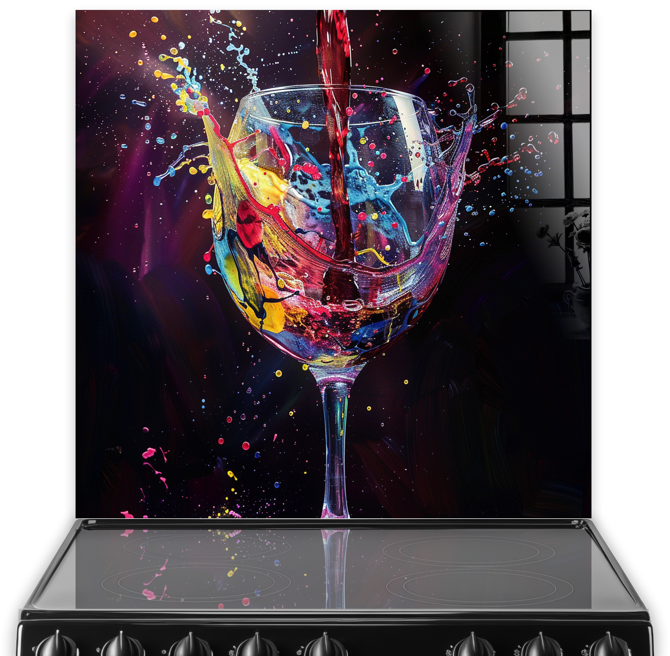 Vibrant wine glass splashback art with colourful splashes on a dark background
