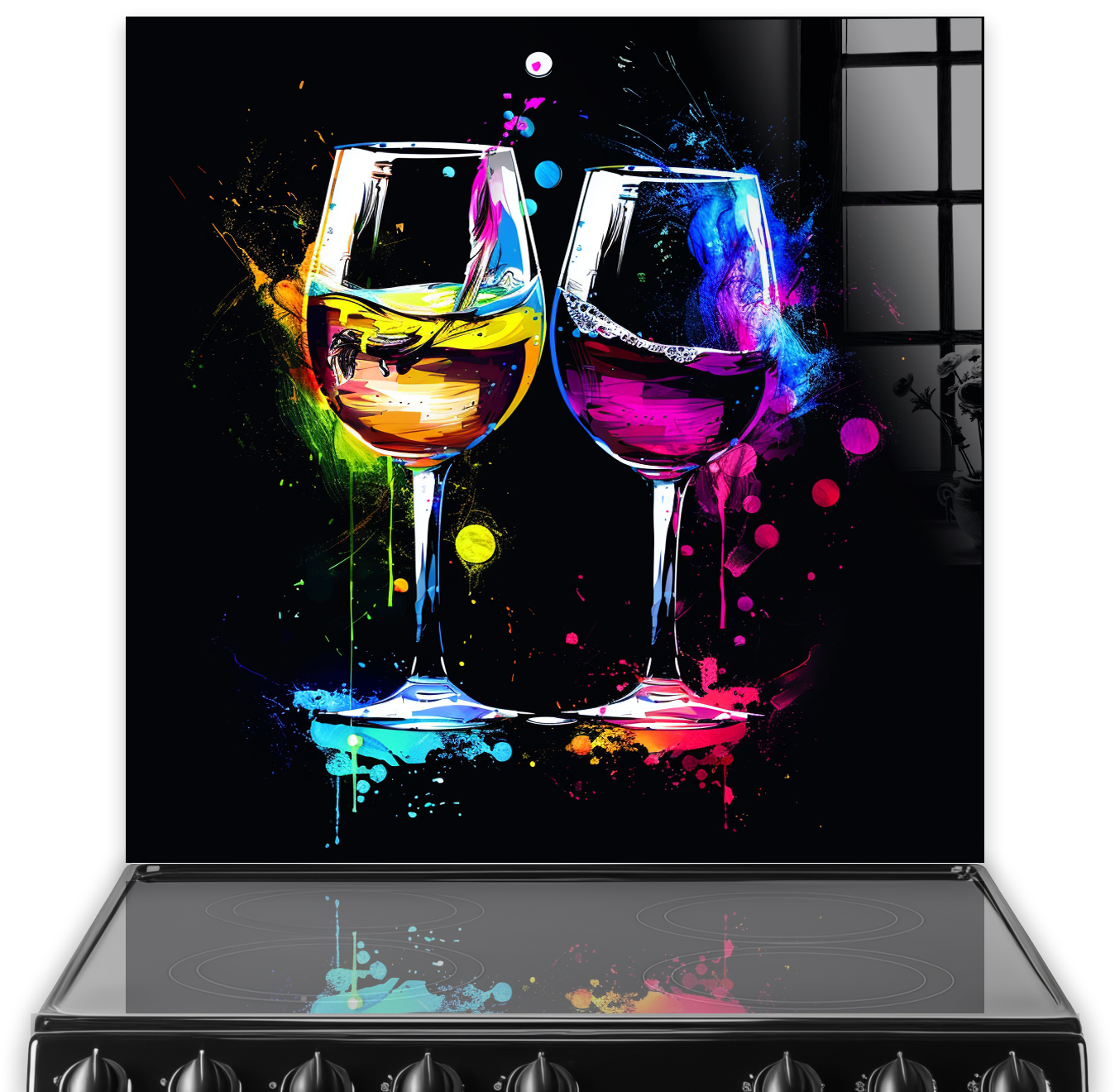 Colourful Vivid Wine Glasses art on kitchen splashback