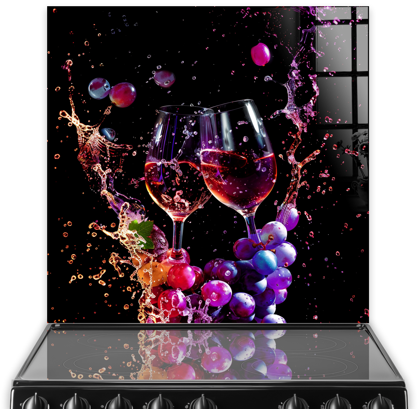 A dynamic and colourful wine glass and grape splashback design against a black background, adding a luxurious touch to kitchen decor.