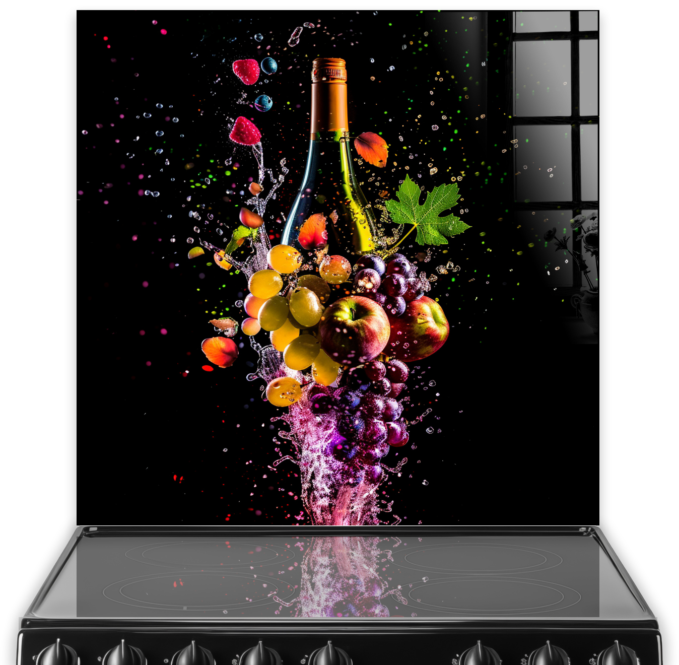 Dynamic kitchen splashback art featuring a wine bottle and colourful fruits with splashing liquid