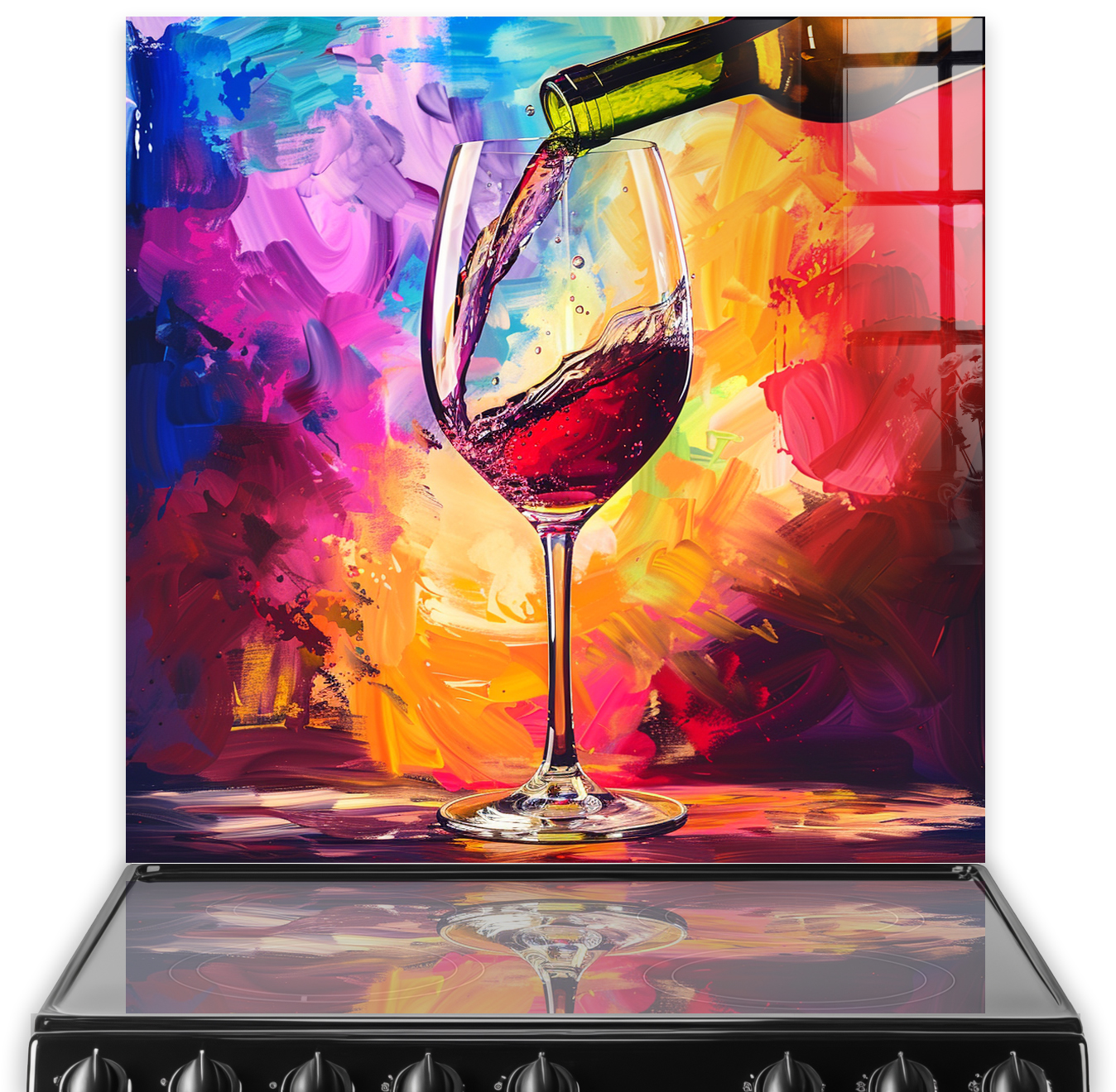 Abstract colourful kitchen splashback featuring a wine glass
