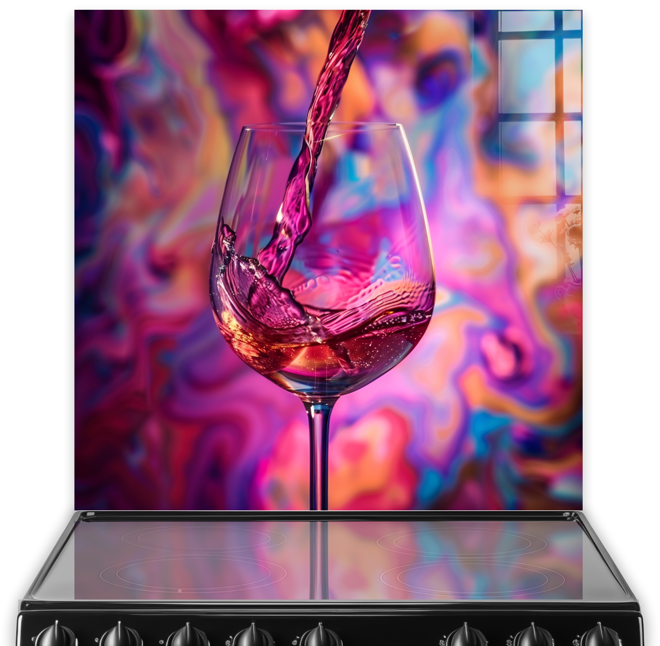 A colourful artistic wine glass kitchen splashback with vibrant fluid colours