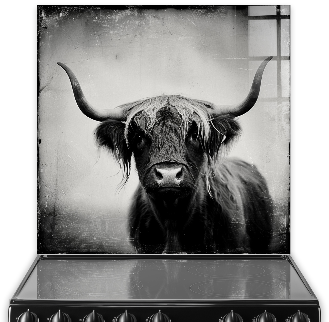 A black and white Highland Cow kitchen splashback art, named Angus, with a blurred background.