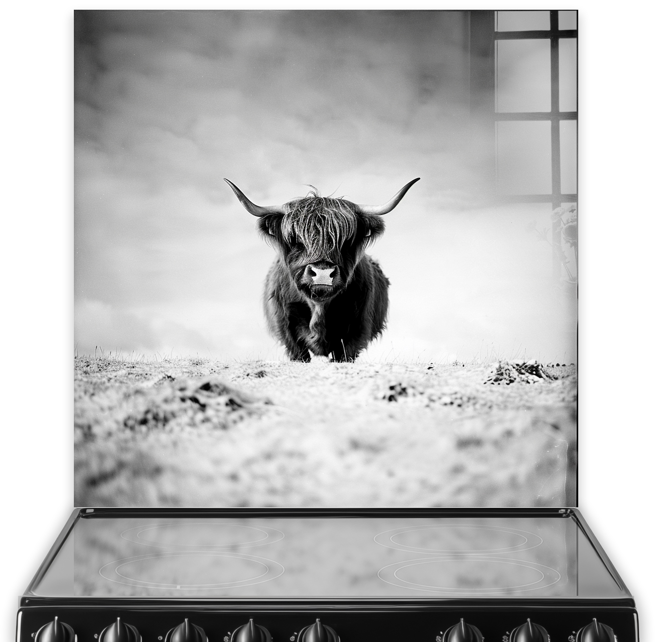 Monochrome Highland Cow Kitchen Splashback Art with a Lone Highland Cow in a Black and White Pastoral Scene