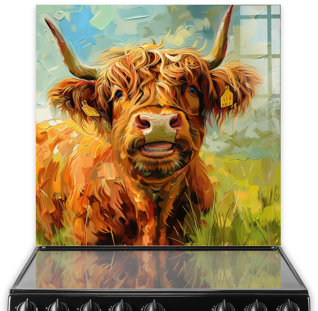 Highland cow called Buttercup with amber and rust fur on a printed kitchen splashback set against a soft green and blue background