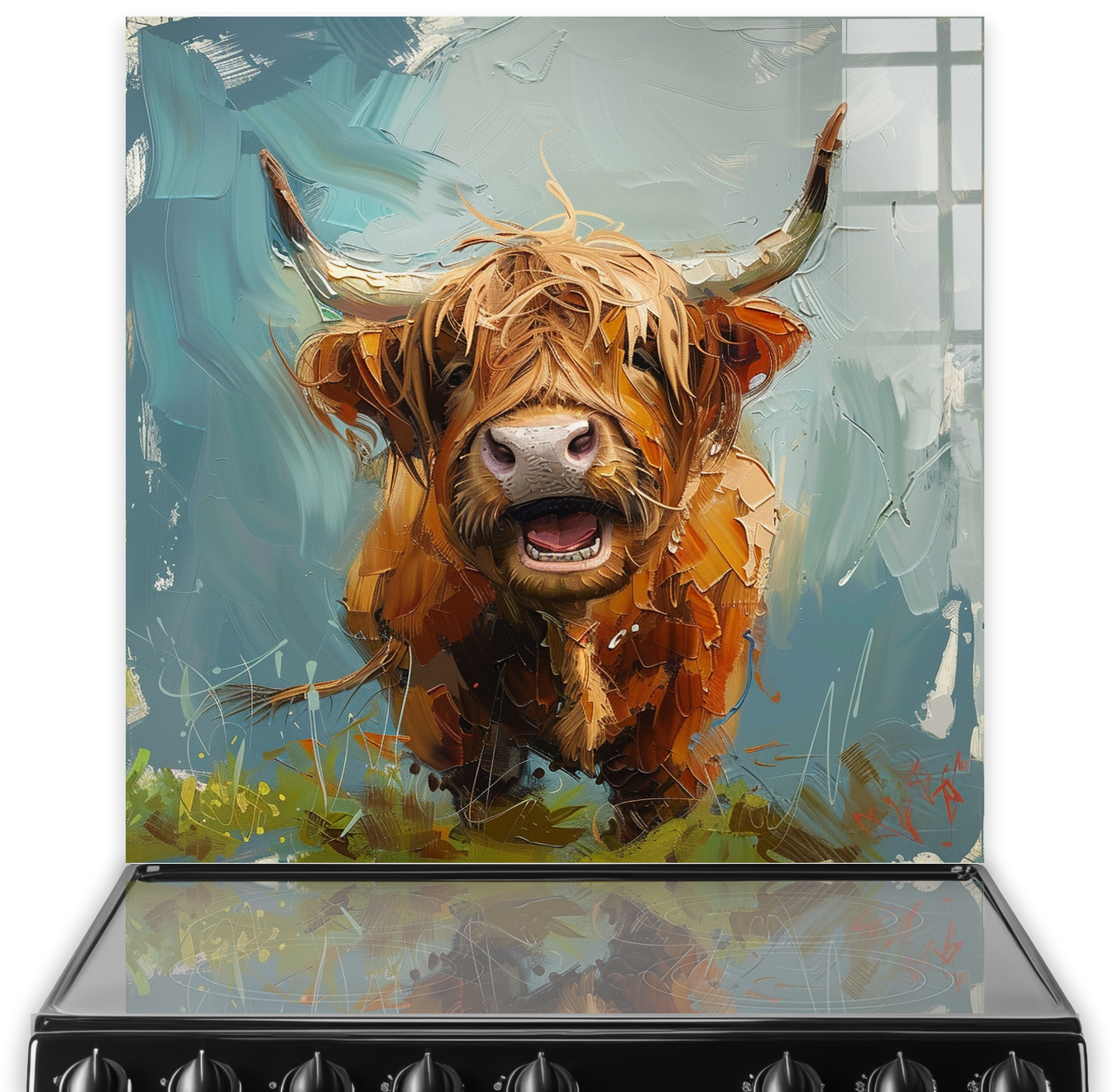 Highland Cow kitchen splashback art featuring Curaidh with vibrant colours and a painterly style