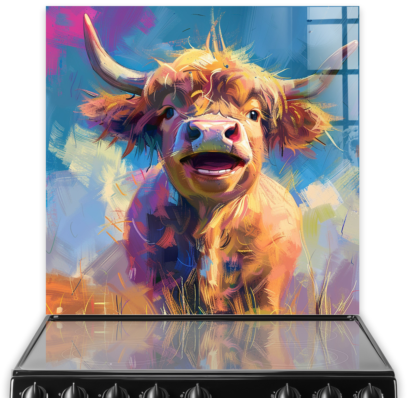 Colourful highland cow kitchen splashback art over a stove, showcasing vibrant and whimsical Henrietta against a modern artistic backdrop.
