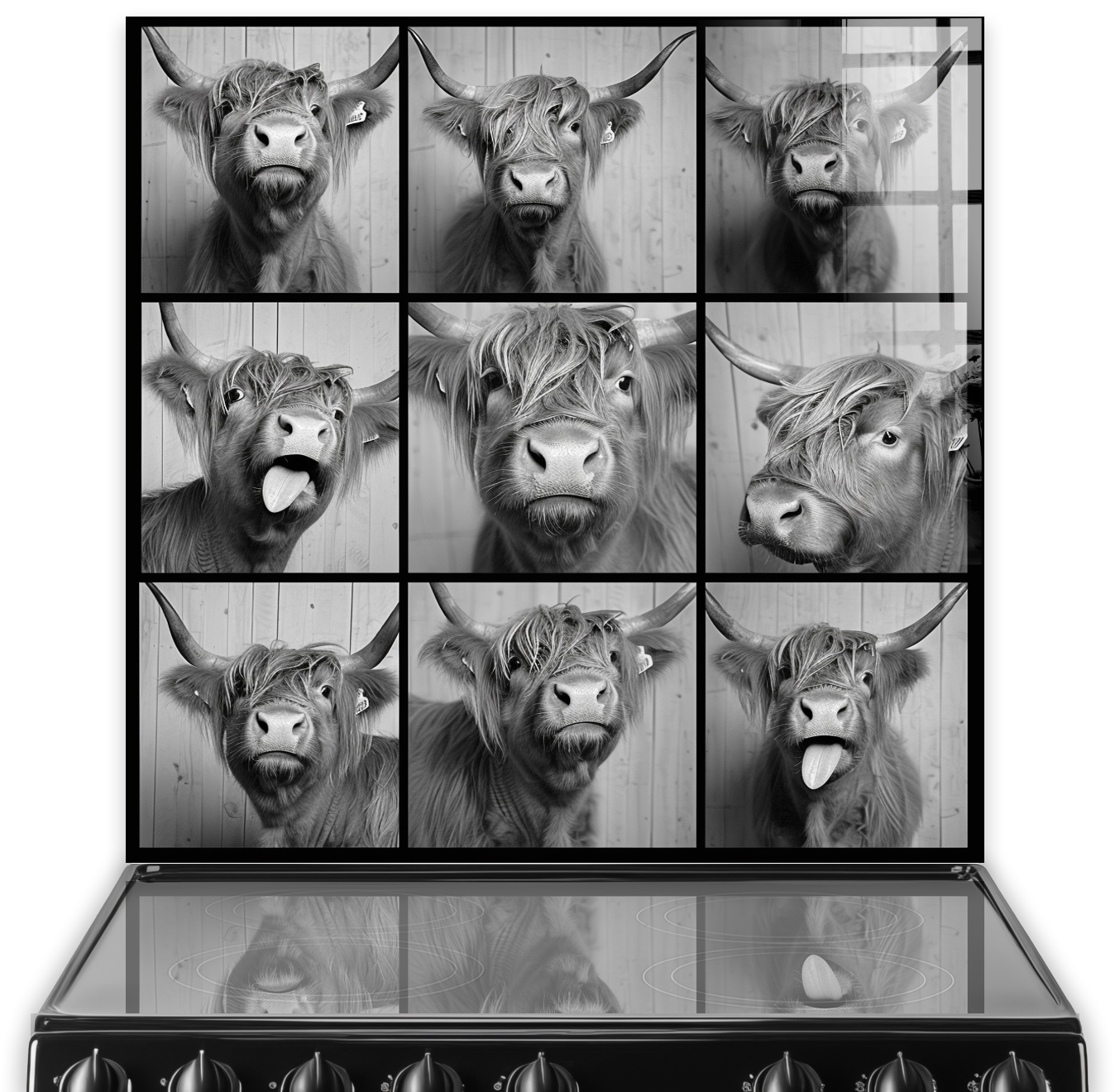 Black and white artistic montage of a Highland cow in a photobooth with various expressions on a kitchen splashback.