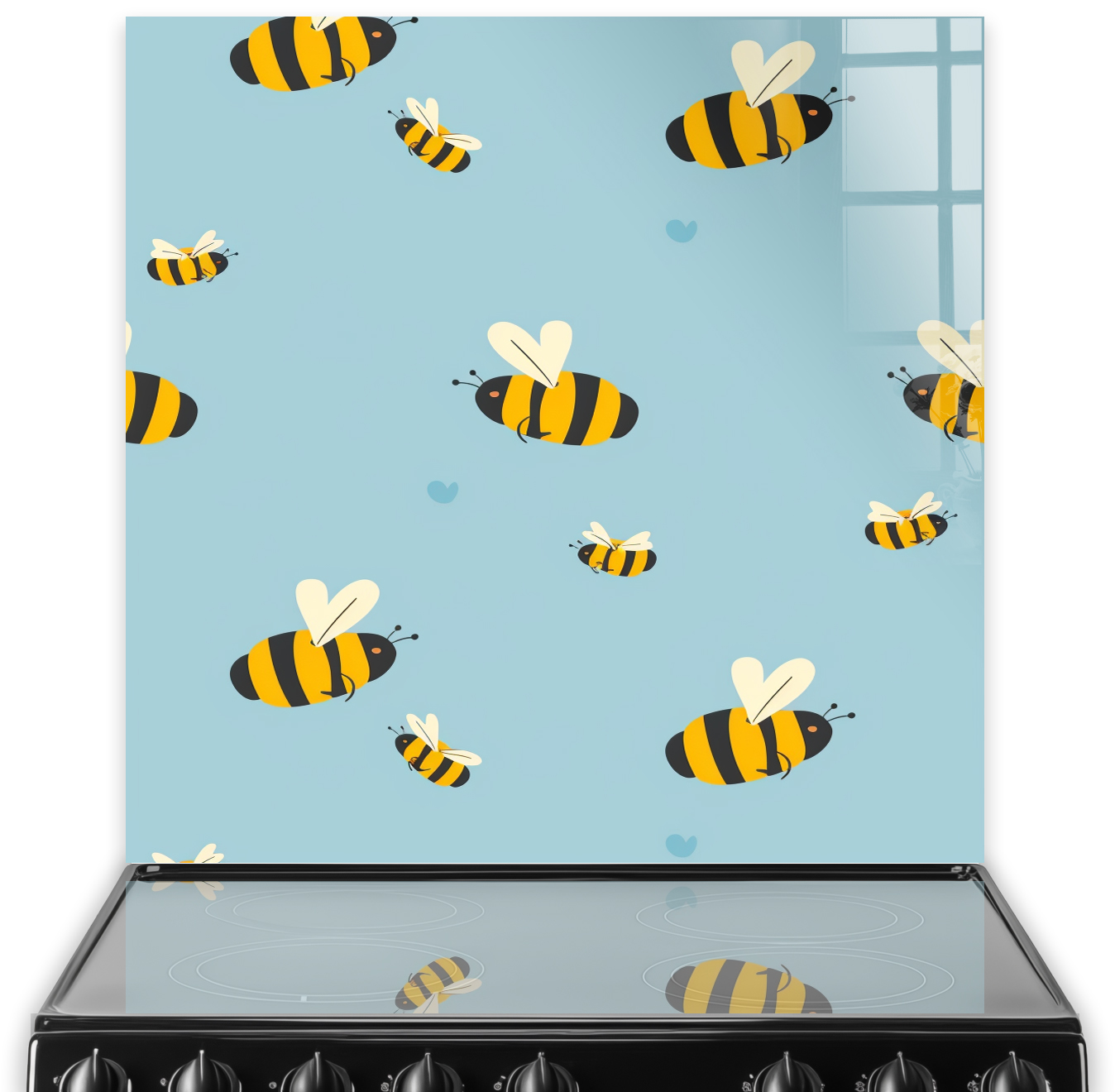 Whimsical bees pattern splashback with hearts illustration on pastel blue backdrop printed glass kitchen splashback