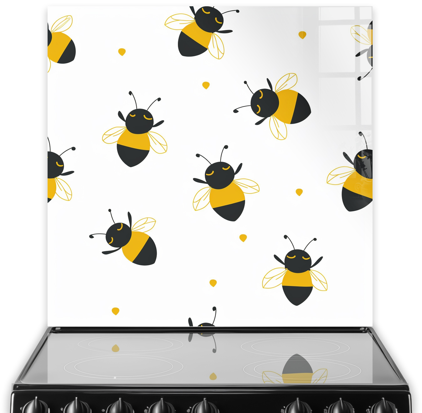 Animated bumblebee pattern on a white glass kitchen splashback
