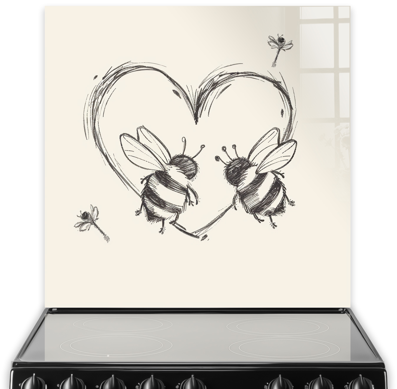 Whimsical bees forming a heart on a cream kitchen splashback