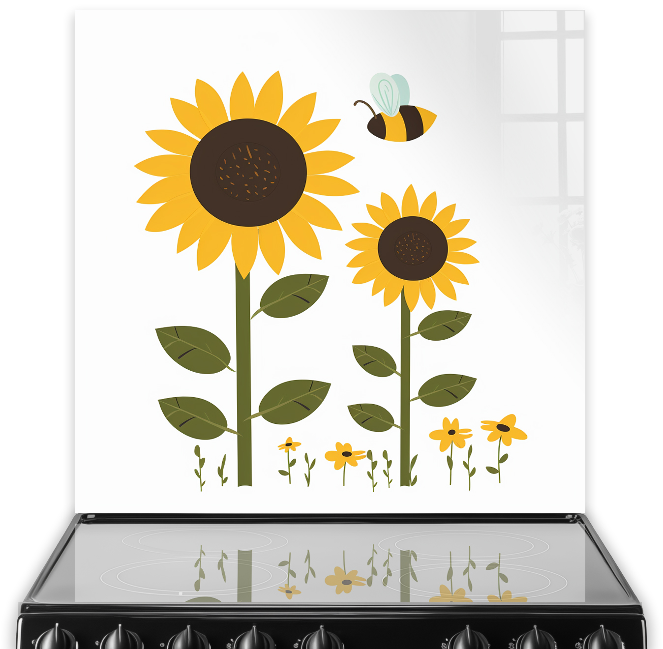 Colourful glass kitchen splashback with sunflower art design and a bumblebee