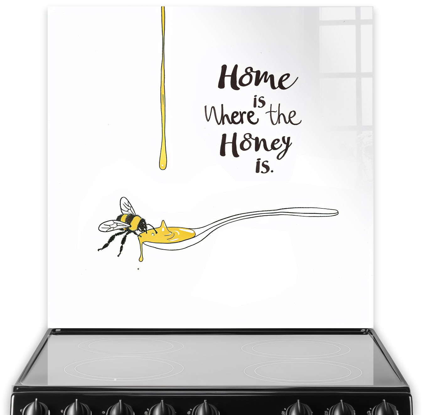 Modern white glass kitchen splashback with bee and honey design and 