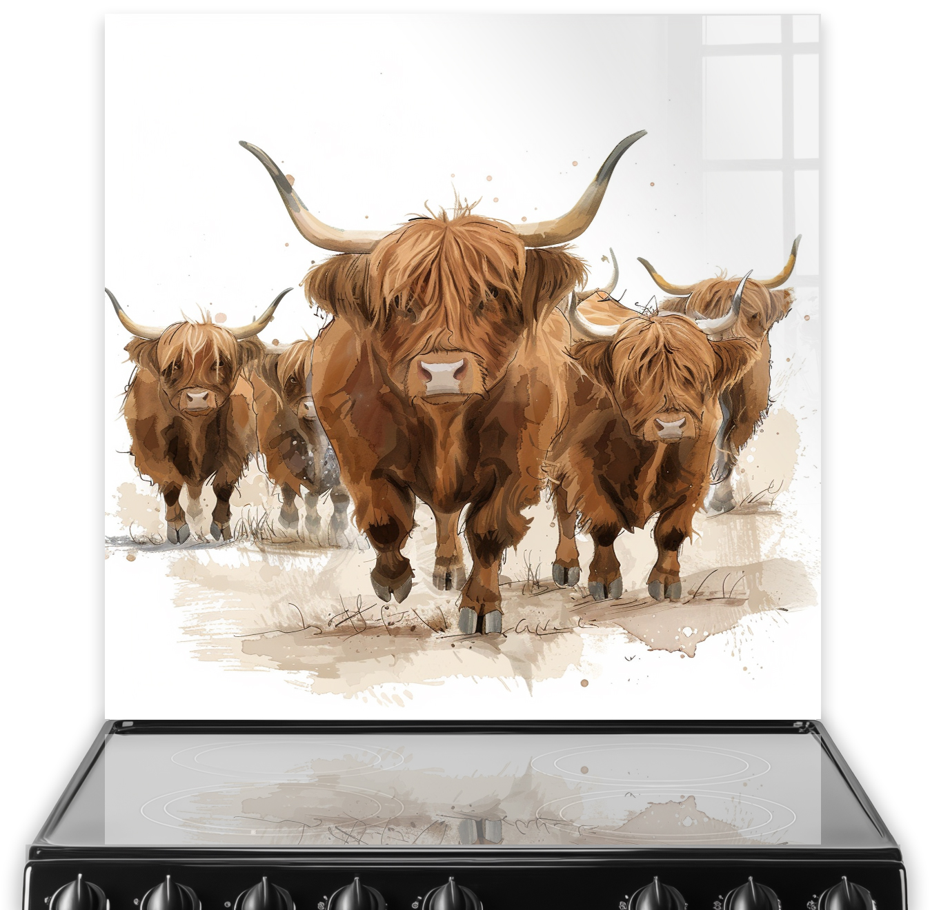A Highland Cow kitchen splashback featuring a herd of brown and tan Highland Cows with long horns, led by a prominent cow