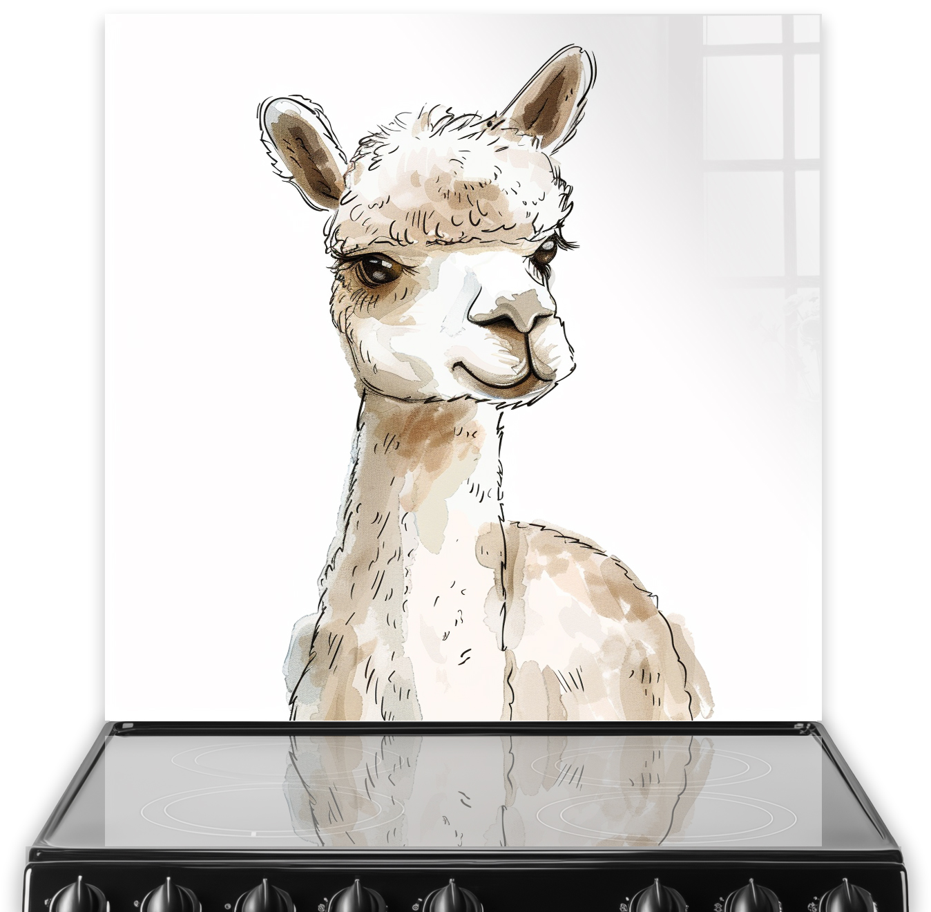 Illustration of Willow, a charming alpaca, on a kitchen splashback in gentle shades of cream and brown
