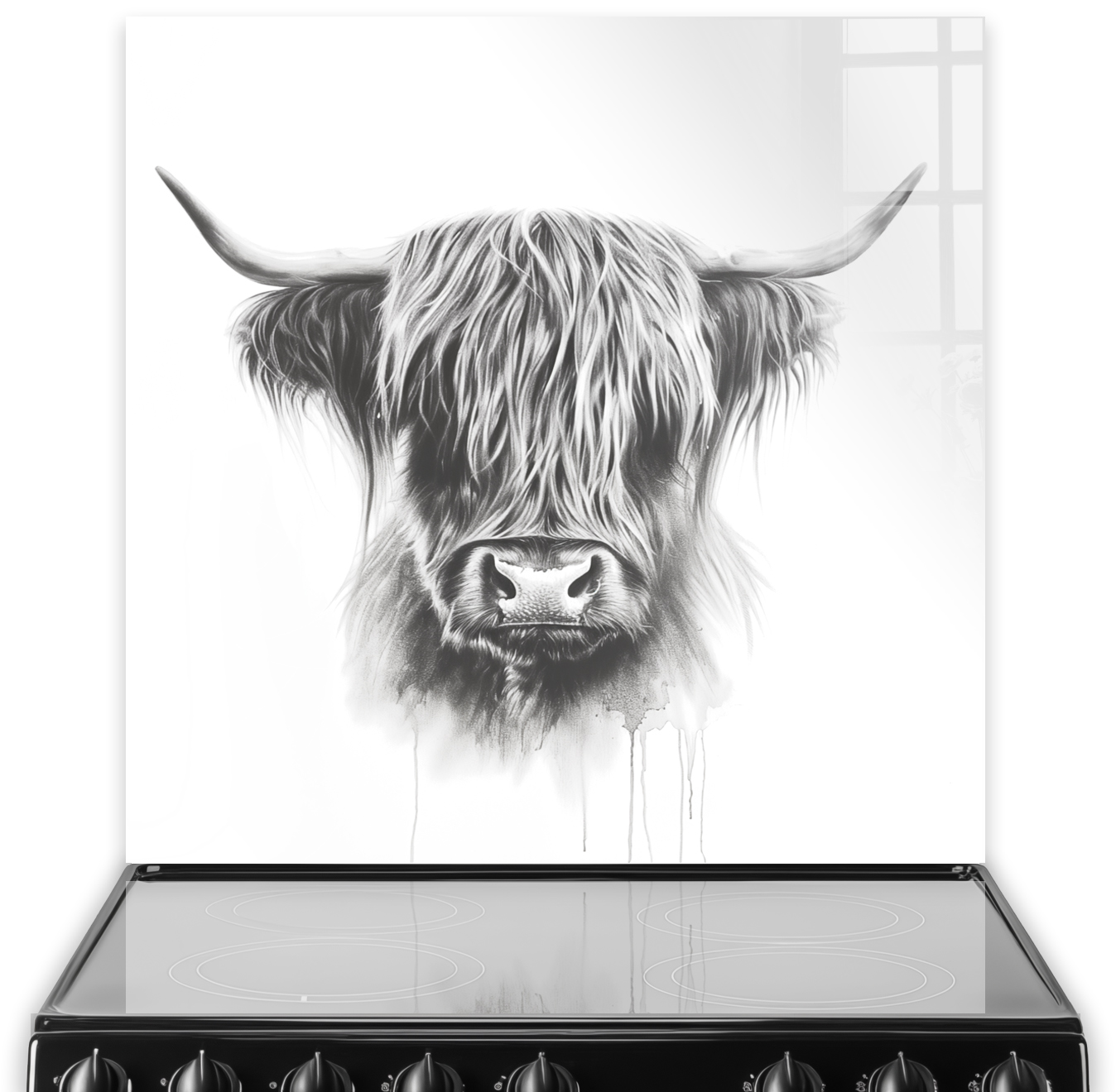 Monochrome Charcoal Highland Cow Art on Kitchen Splashback