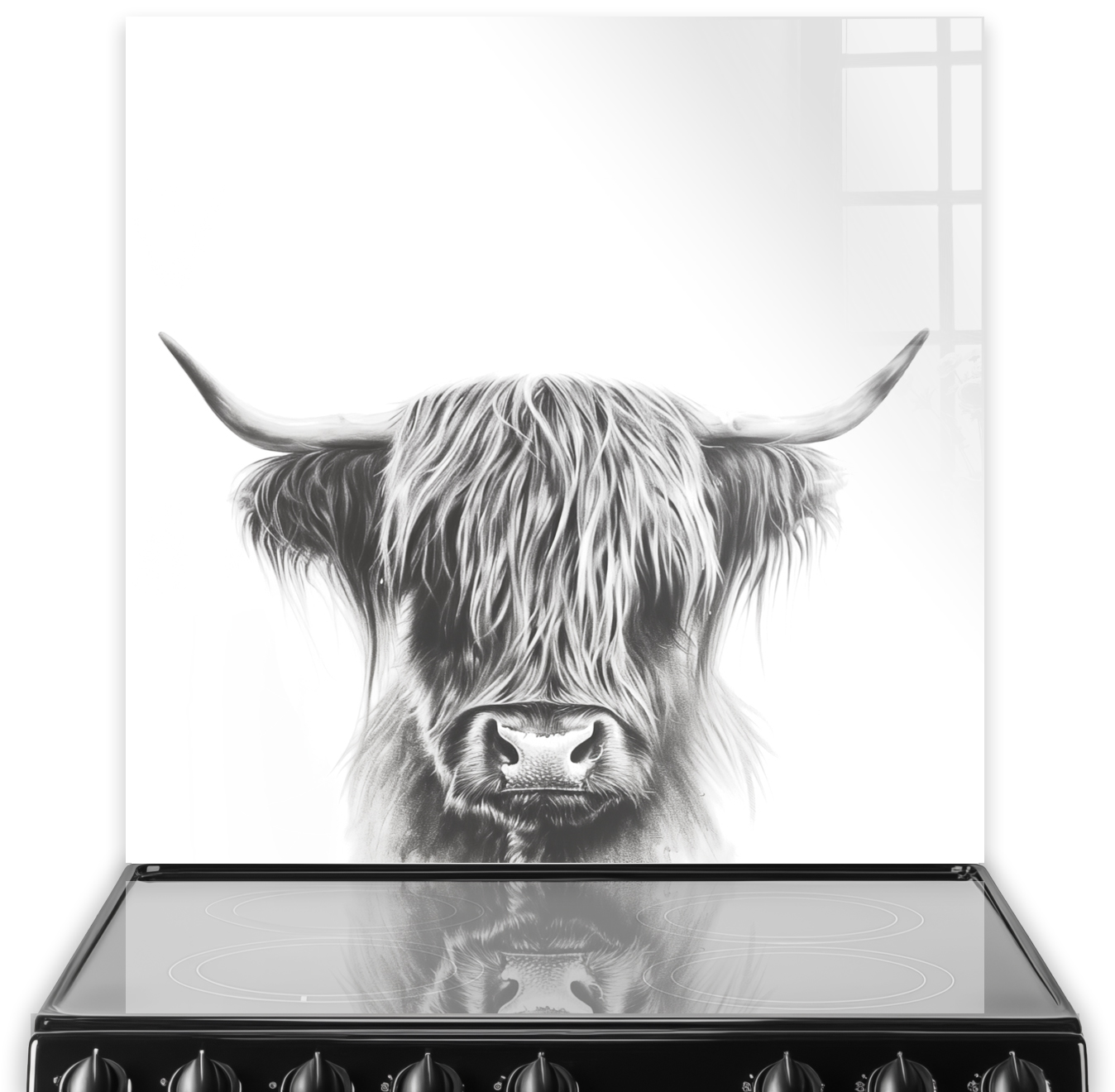 Charcoal Peeping Highland Cow Art on Kitchen Splashback