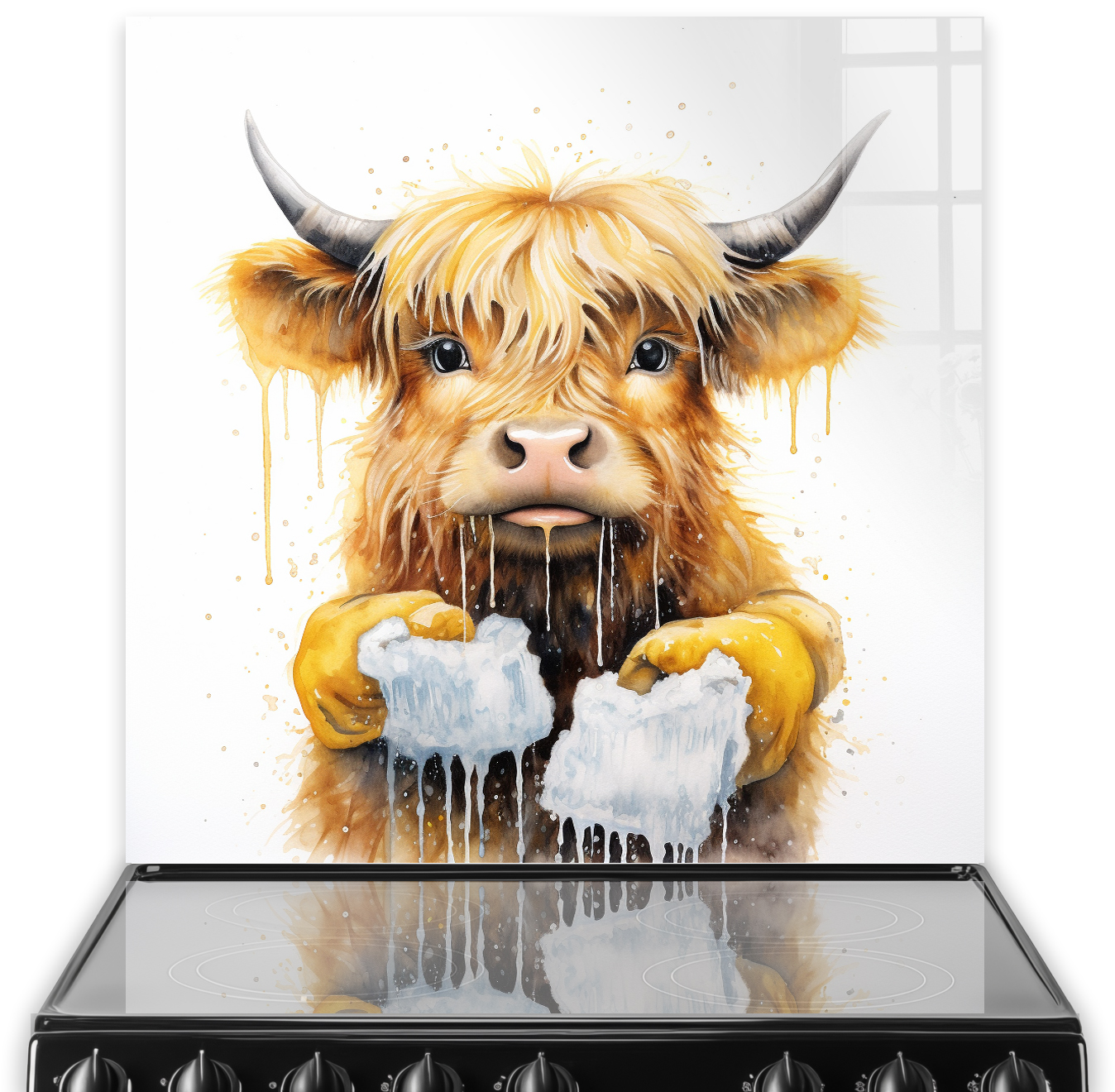 Artistic highland cow splashback with dripping paint effects from Washing Up Wynd