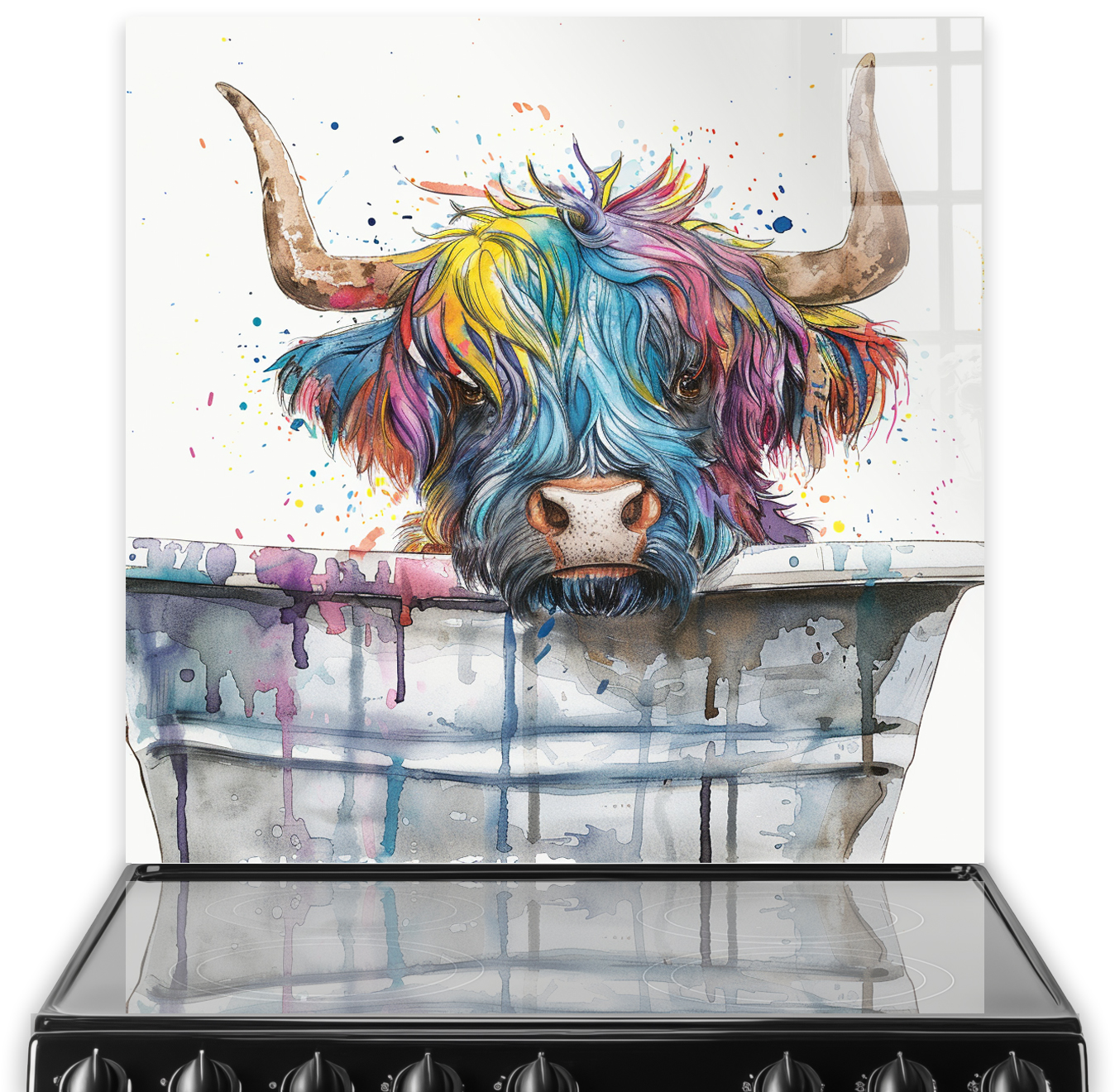 Colourful Highland Cow in a Bucket Printed Splashback