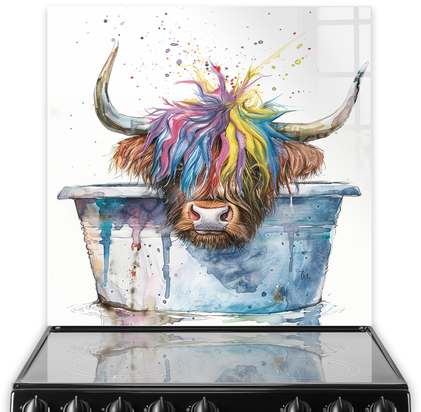Whimsical highland cow in a bucket with colourful painted mane on kitchen splashback