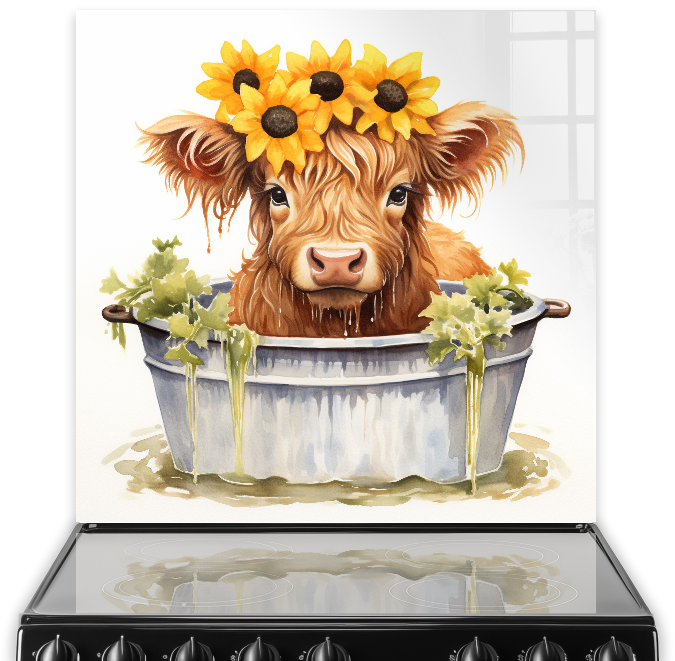 Whimsical highland cow named Marigold in a tub, surrounded by marigold flowers, as kitchen splashback art
