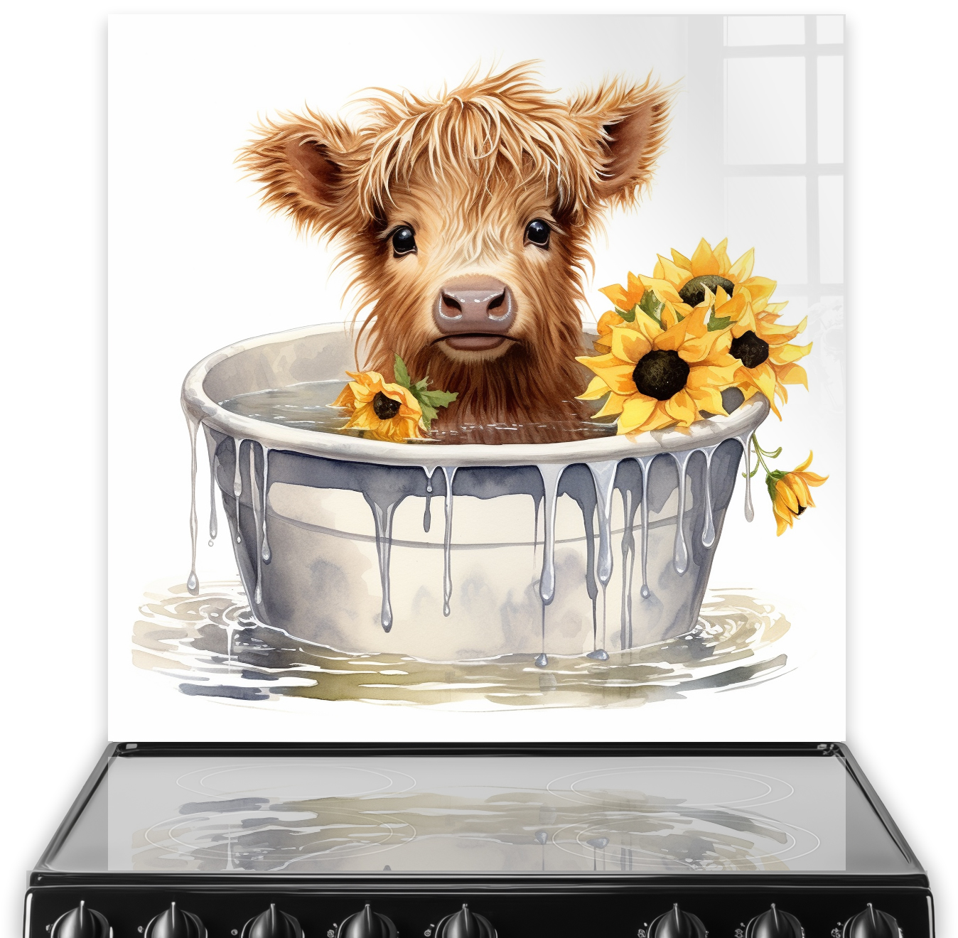 Highland Cow in Bucket with Sunflowers Kitchen Splashback