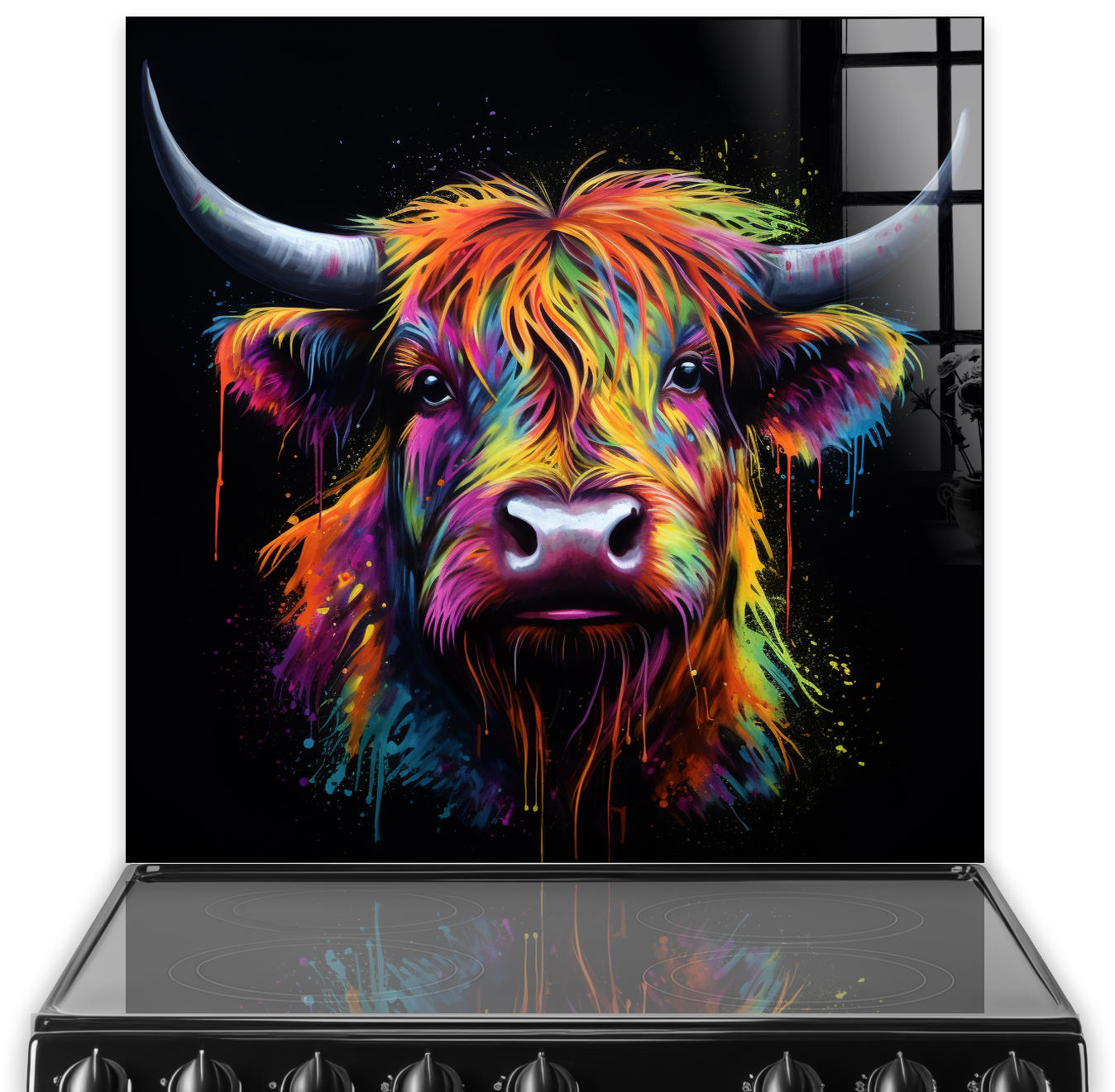 Colourful Highland Cow painted on a black splashback in a kitchen setting