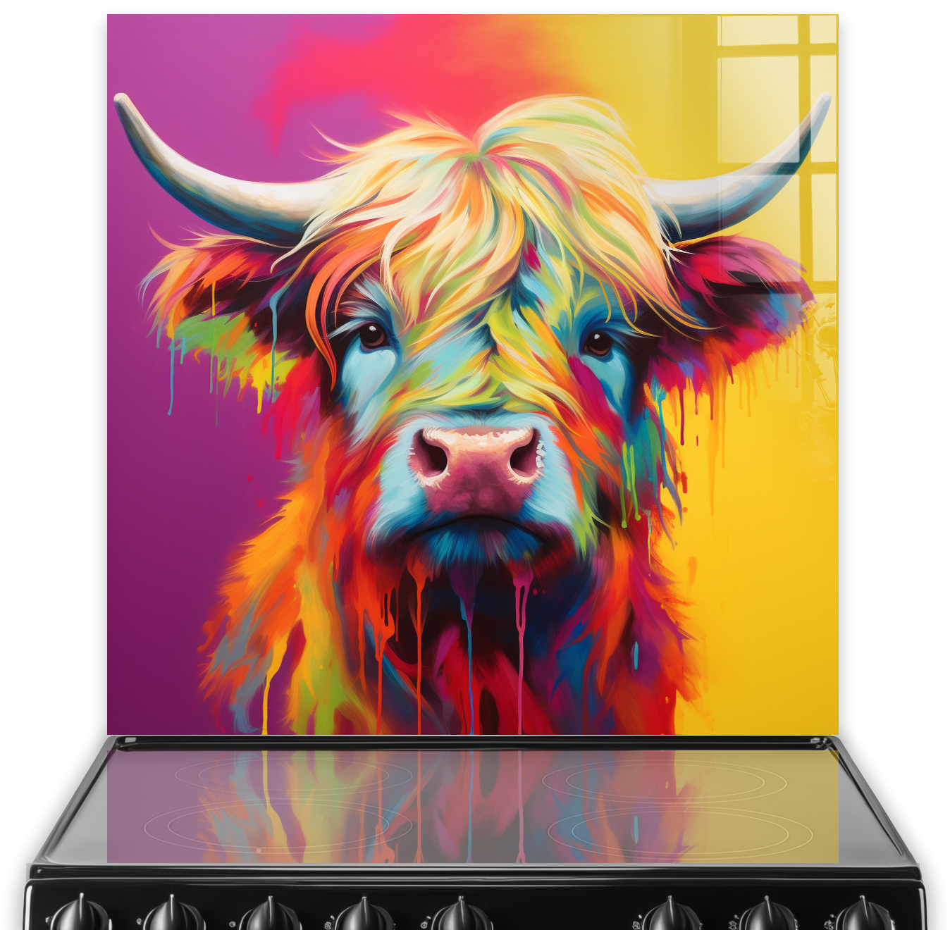 Colourful Highland Cow art on splashback above cooker