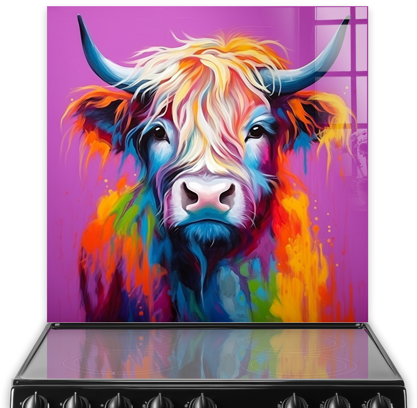 Colourful Highland Cow printed on a kitchen splashback with vivid purple background and vibrant orange and blue accents