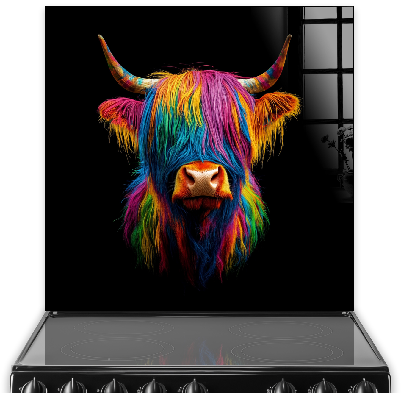 Highland Cow with colourful furry mane on a printed kitchen splashback against a black background
