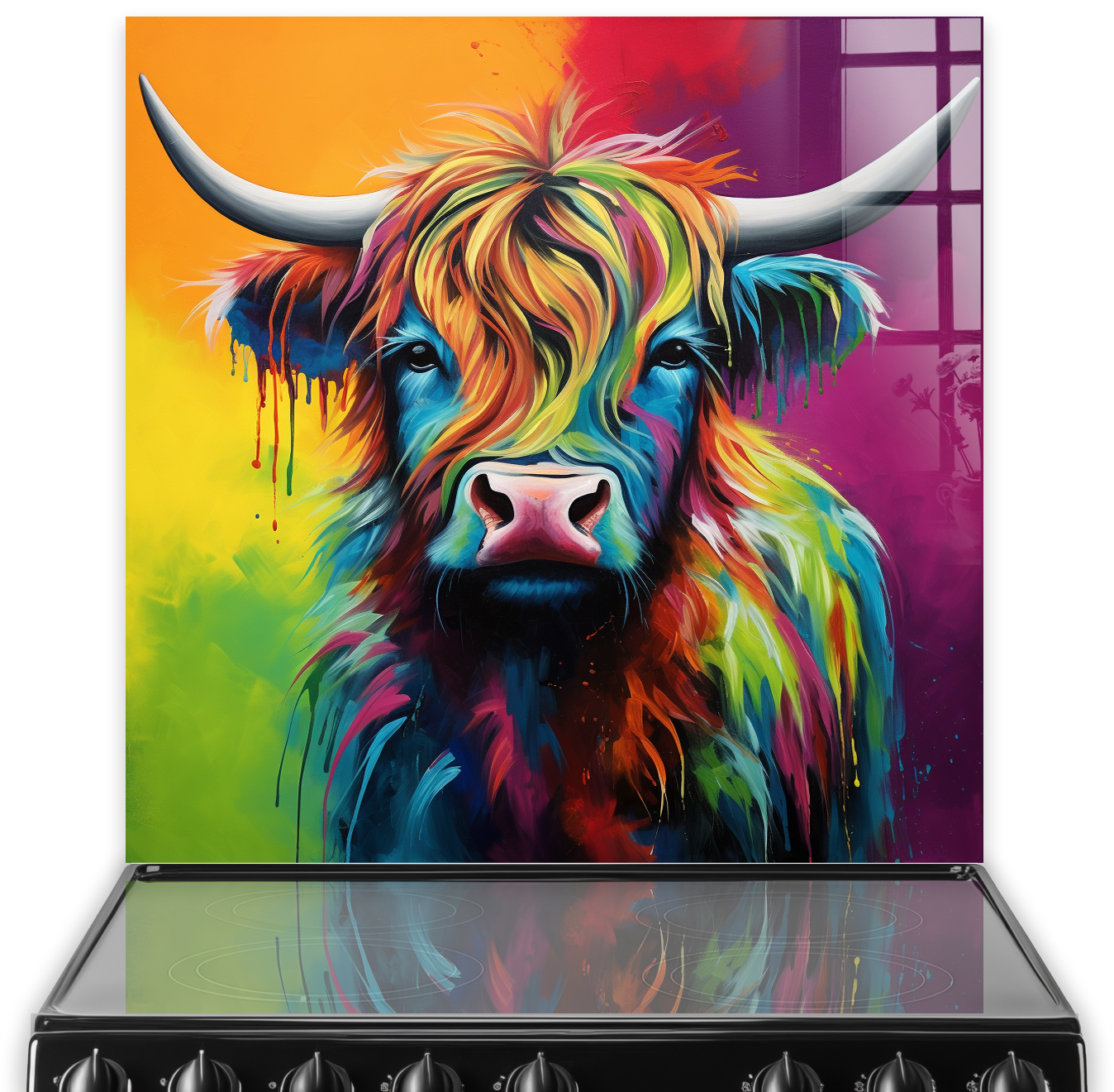 Colourful Highland Cow kitchen splashback art in a spectrum of vibrant colours